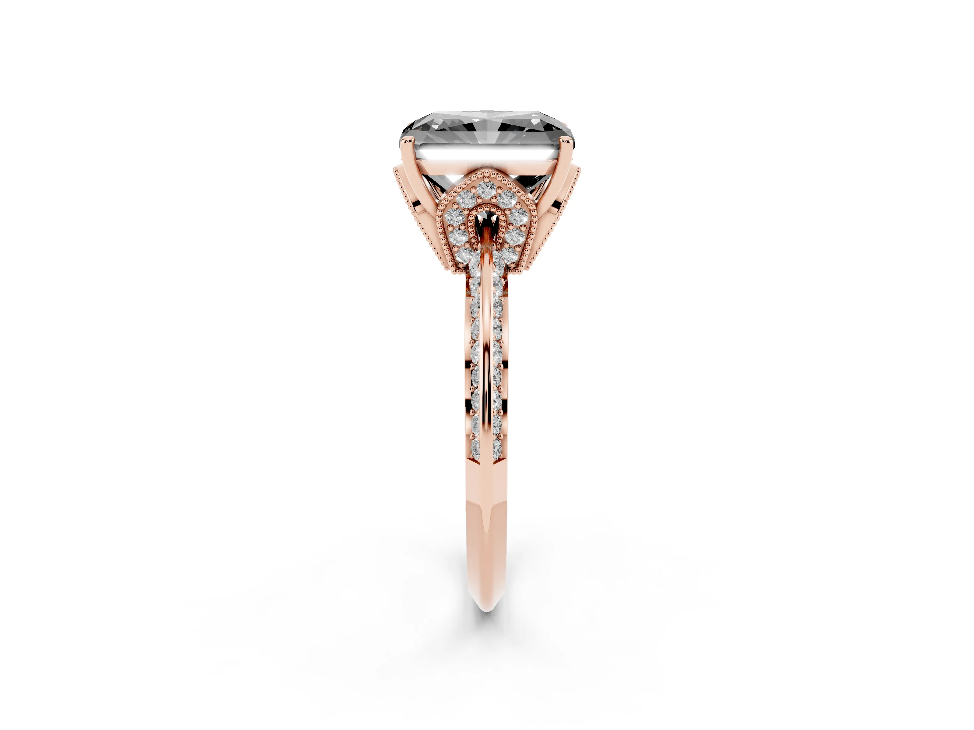 Fancy Black Radiant Cut Diamond Solitaire Engagement Ring Set in Rose gold with Pavé Split Shank and Prong Setting
