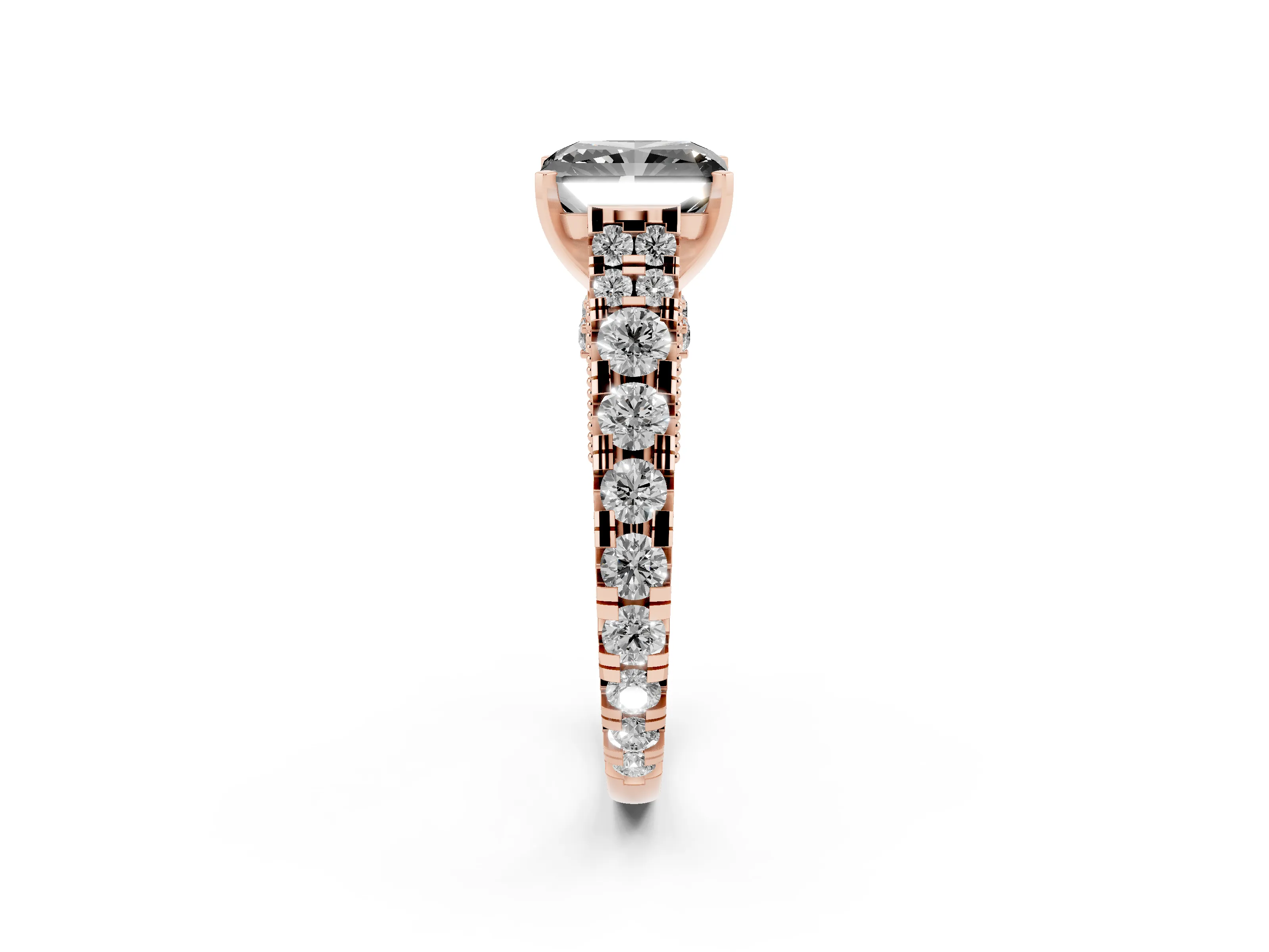 Fancy Black Radiant Cut Diamond Classic Solitaire Ring Set in Rose gold with Pavé Band and Prong Setting
