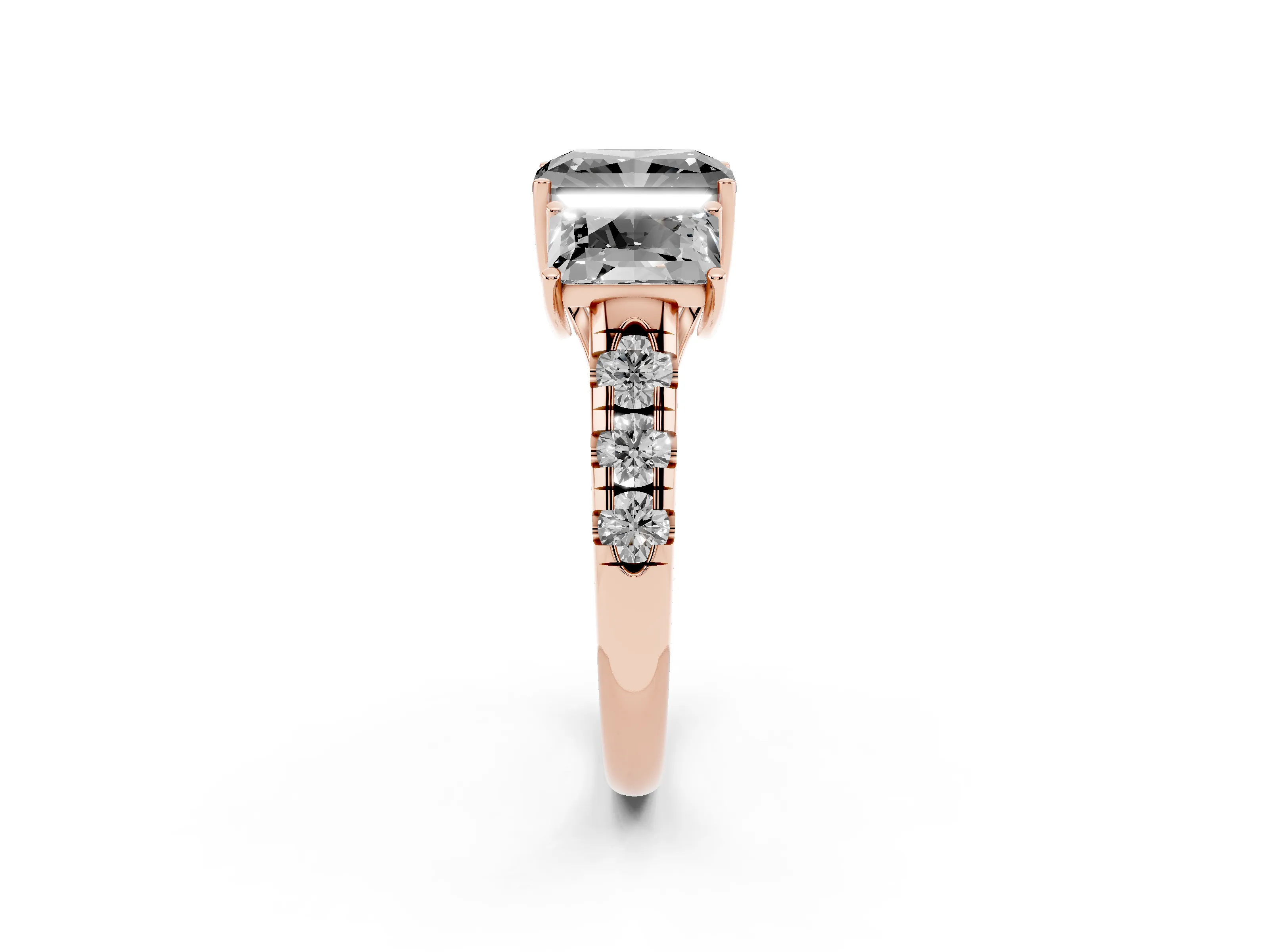 Fancy Black Radiant Cut Diamond Three-Stone Ring Set in Rose gold with Pavé Band