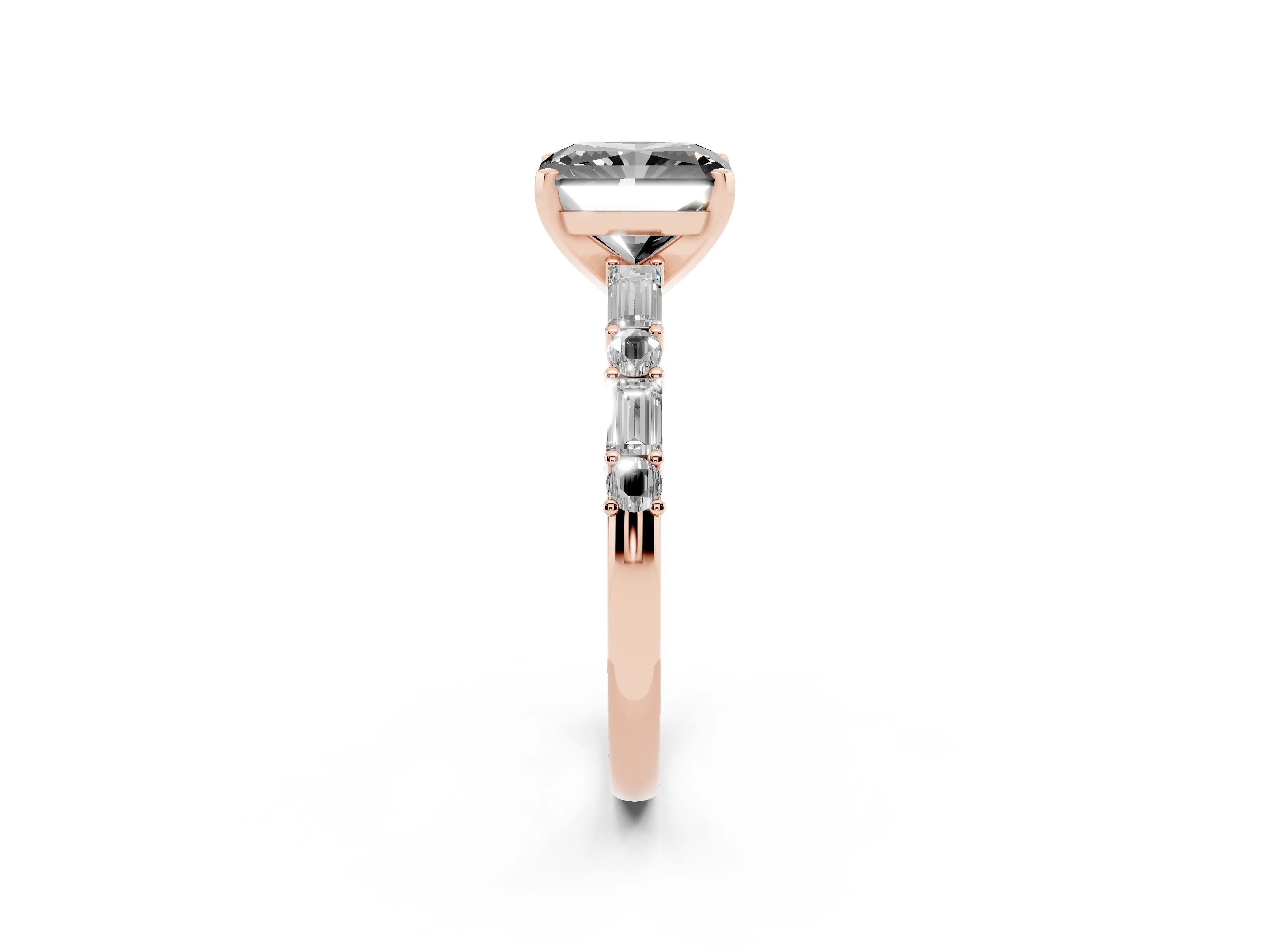 Fancy Black Radiant Cut Diamond Solitaire Set in Rose gold with Side Baguettes and Channel Set Band