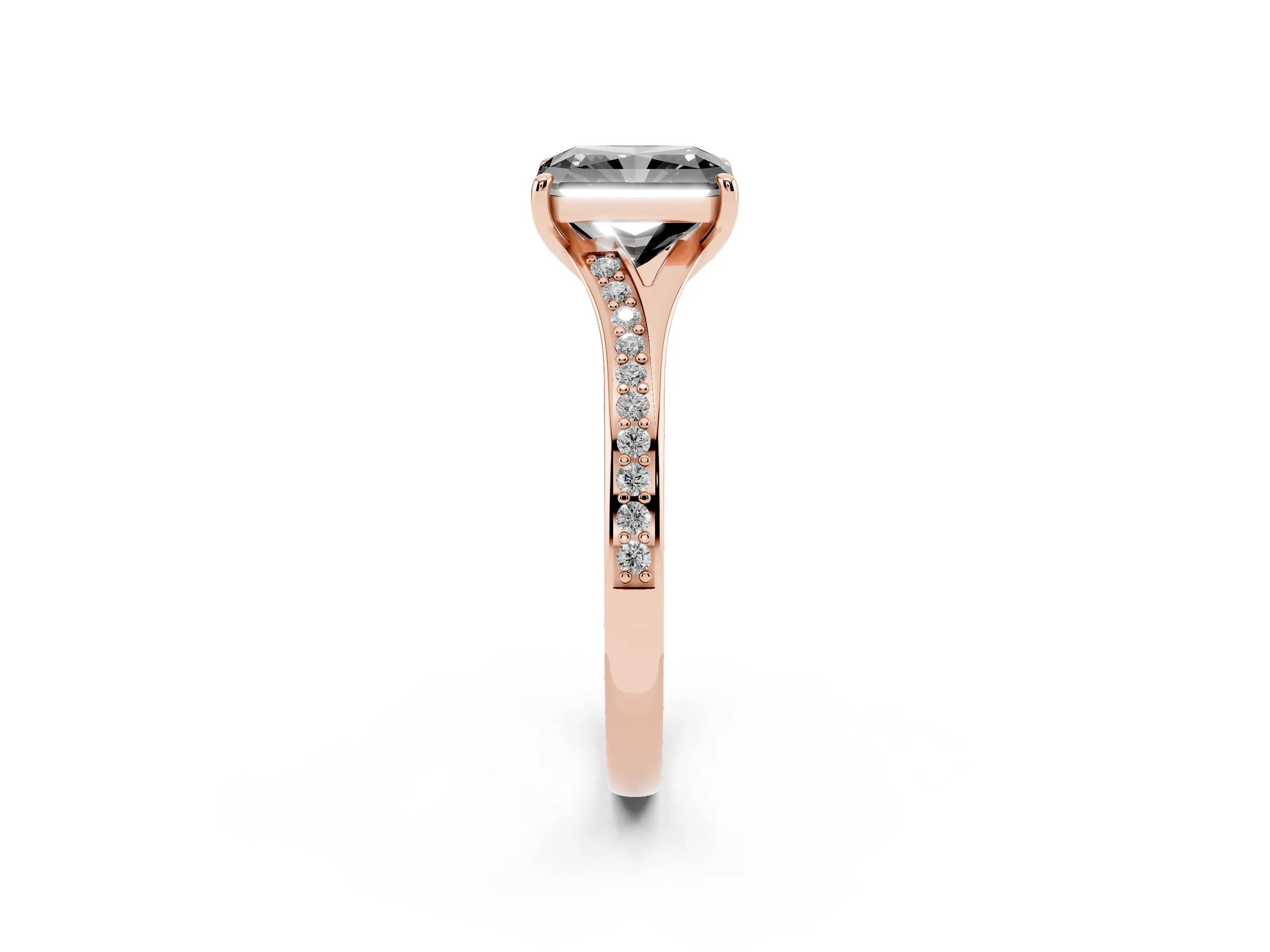 Fancy Black Radiant Cut Diamond Solitaire Ring Set in Rose gold with Pavé Accent Band and Classic Prong Setting
