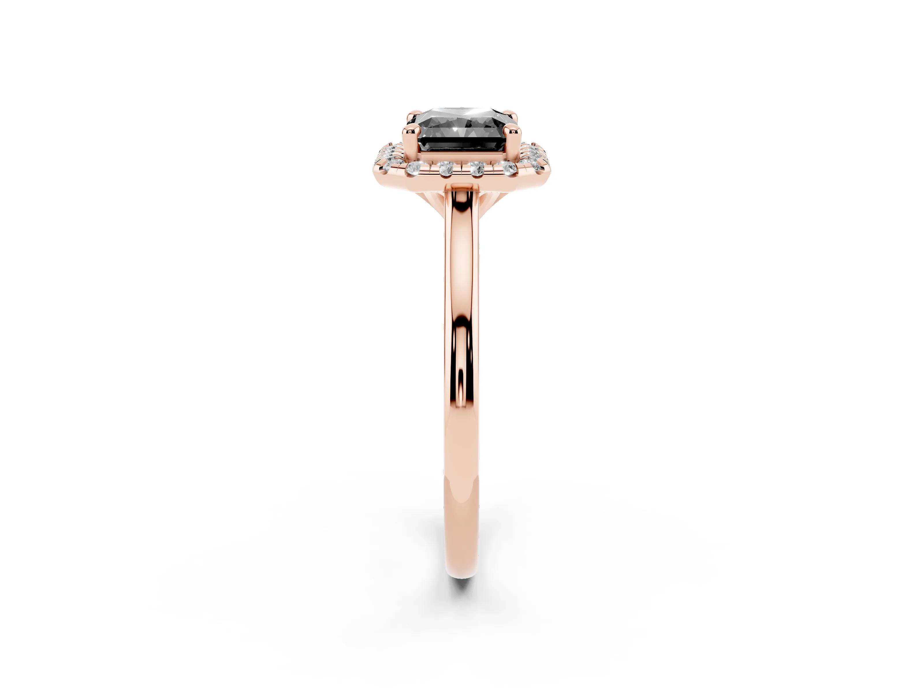 Fancy Black Radiant Cut Diamond Halo Engagement Ring Set in Rose gold with Pavé Band and Rising Shoulders