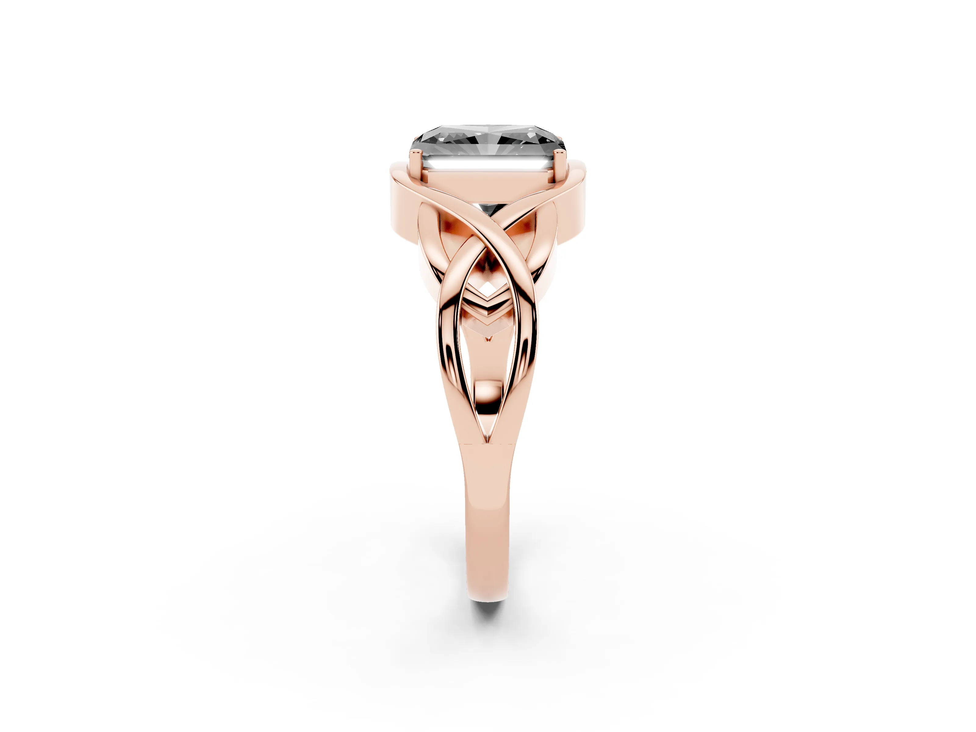 Fancy Black Radiant Cut Diamond Solitaire Ring Set in Rose gold with Intertwined Band