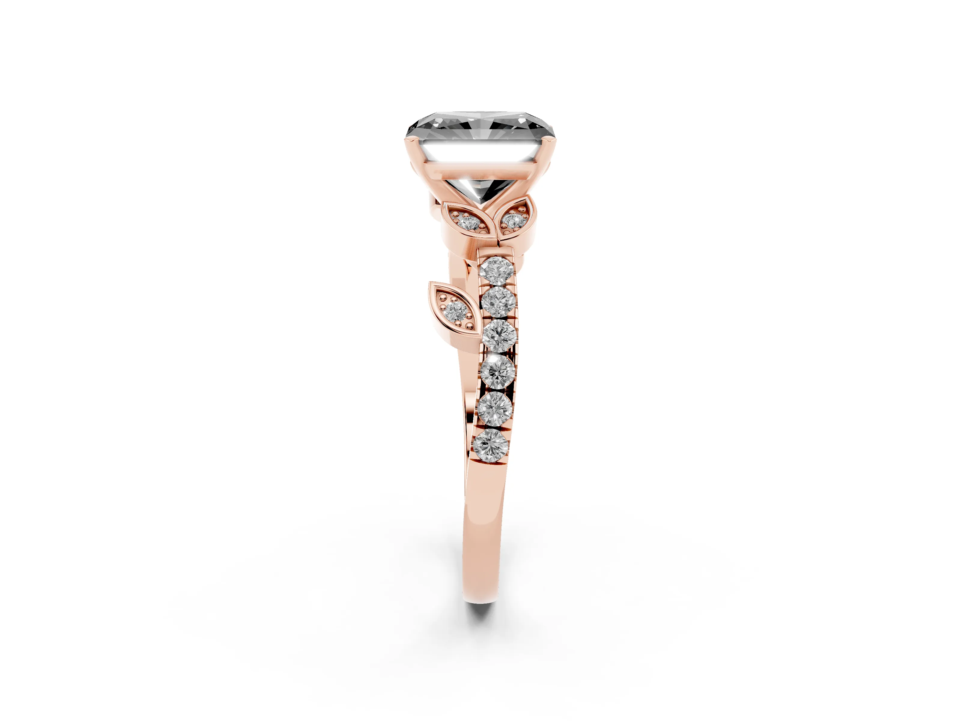 Fancy Black Radiant Cut Diamond Solitaire Leaf-Inspired Ring Set in Rose gold with Pavé Band and Prong Setting