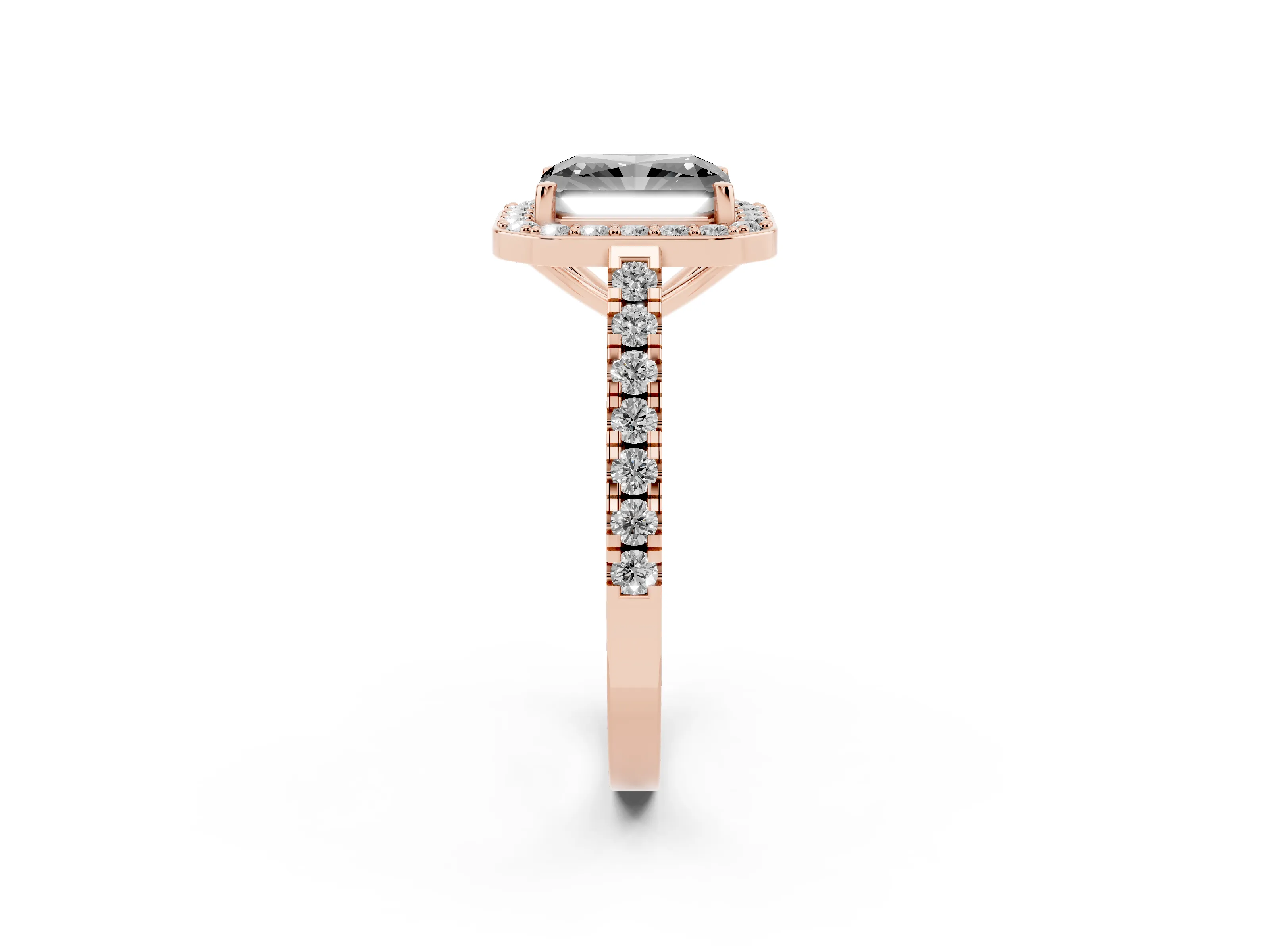 Fancy Black Radiant Cut Diamond Halo Ring Set in Rose gold with Round Pavé Split Shank and Prong Setting