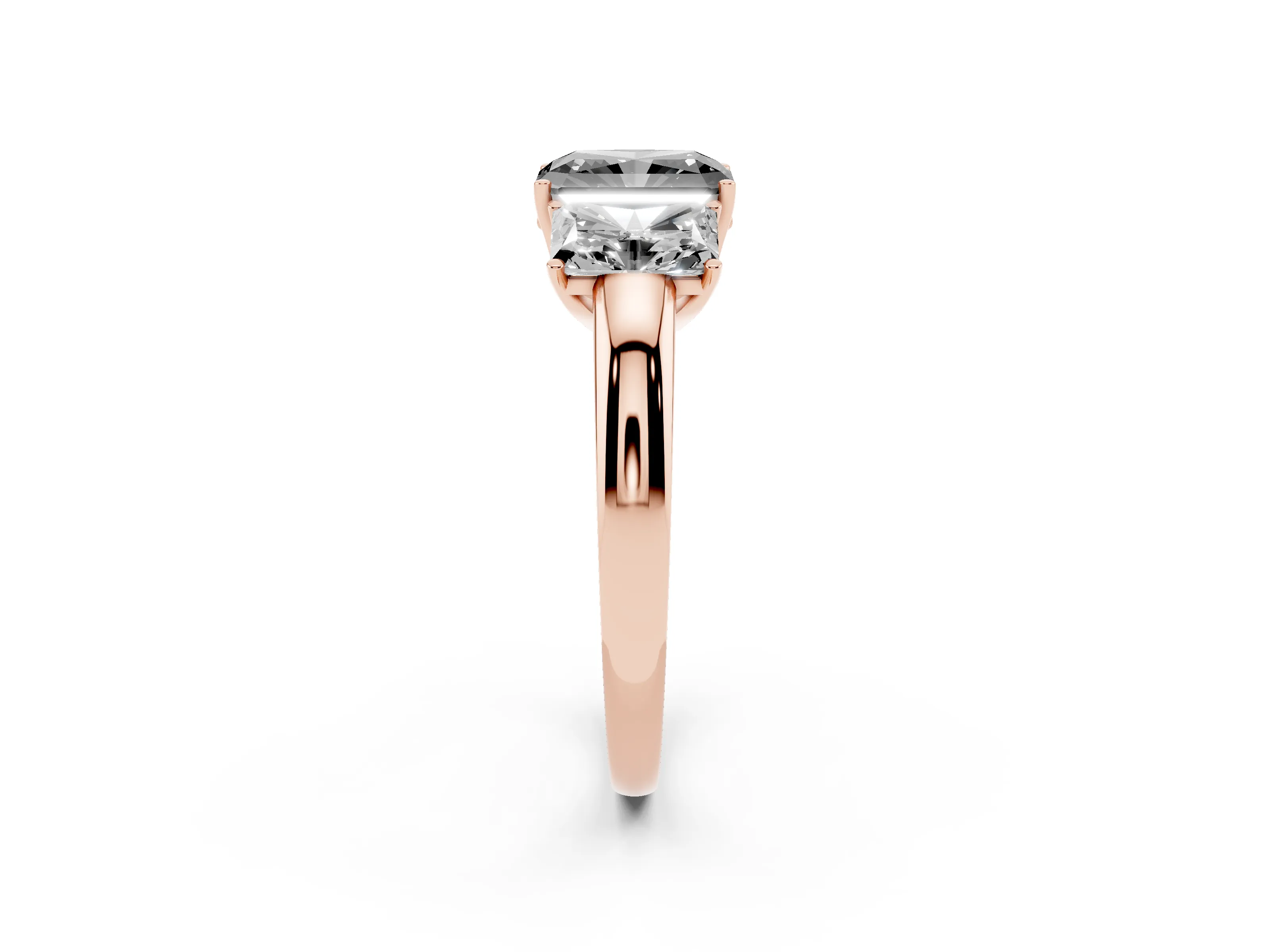 Fancy Black Radiant Cut Diamond Three-Stone Ring Set in Rose gold with Bold Center and Classic Band