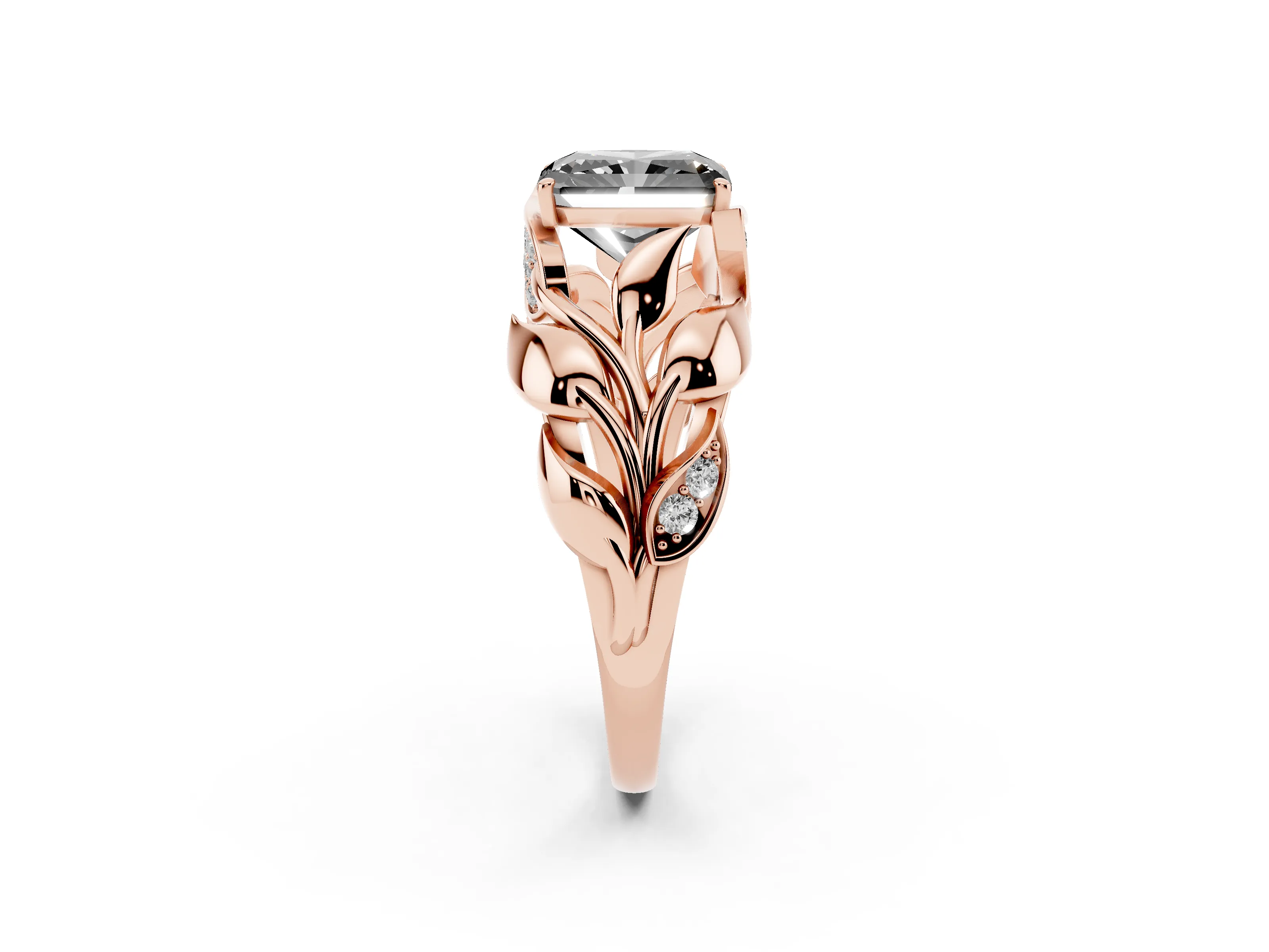 Fancy Black Radiant Cut Diamond Leaf-Inspired Engagement Ring Set in Rose gold with Round Accents