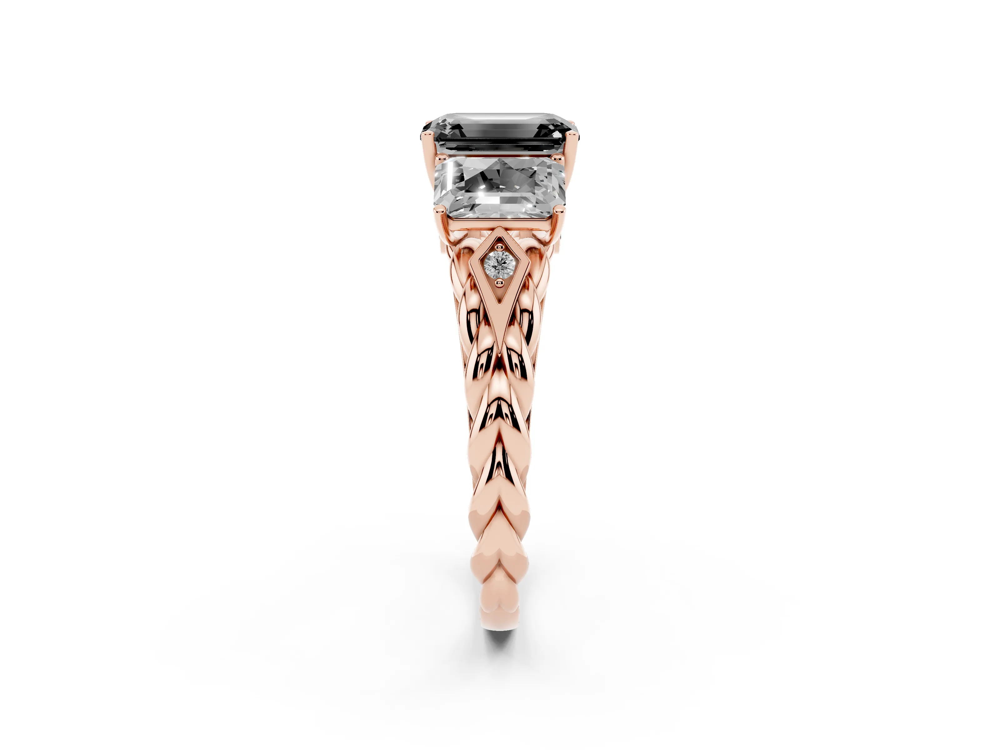Fancy Black Radiant Cut Diamond Three-Stone Ring Set in Rose gold with Braided Band