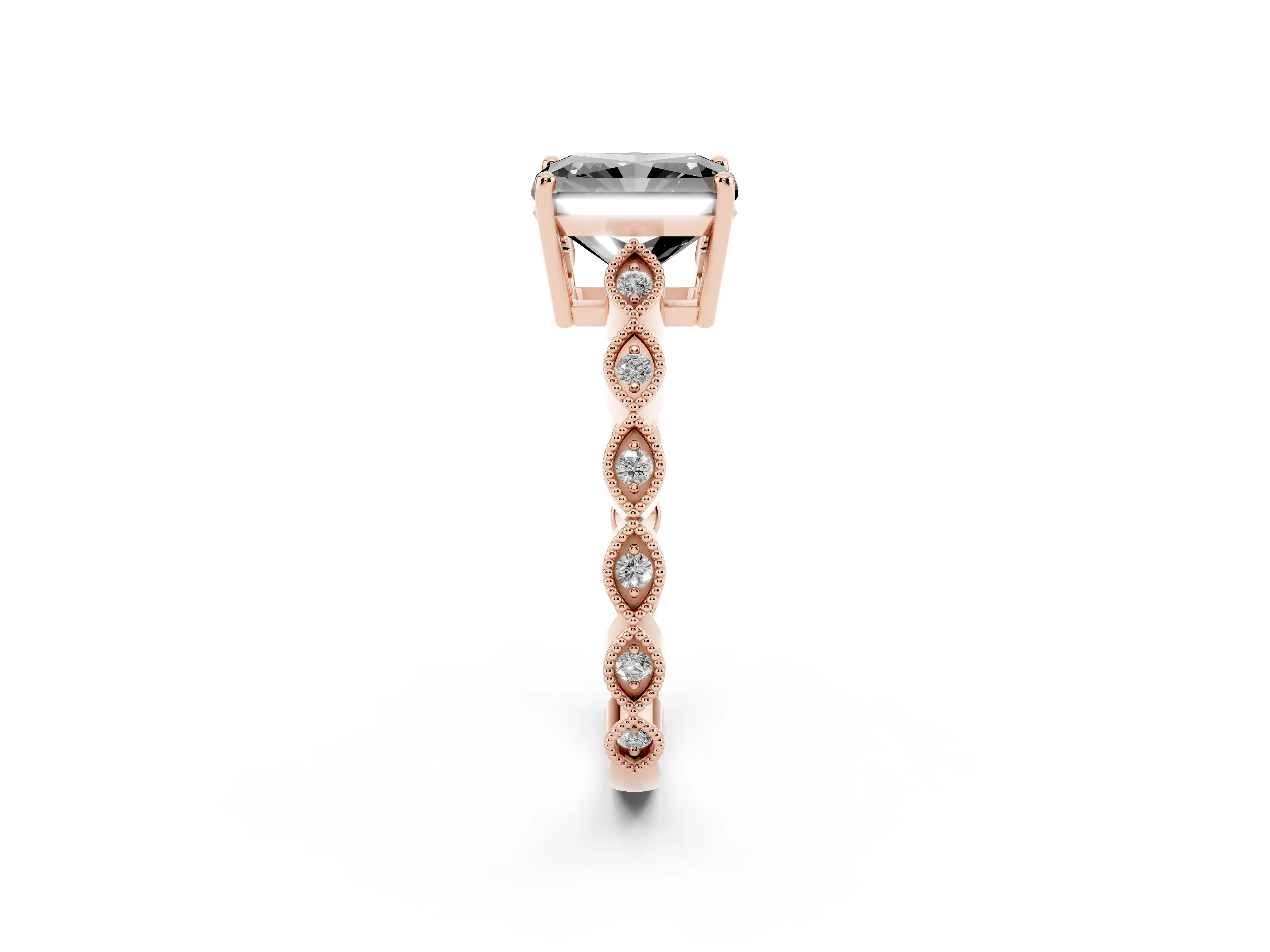 Fancy Black Radiant Cut Diamond Solitaire Ring Set in Rose gold with Infinity Twist Pavé Band