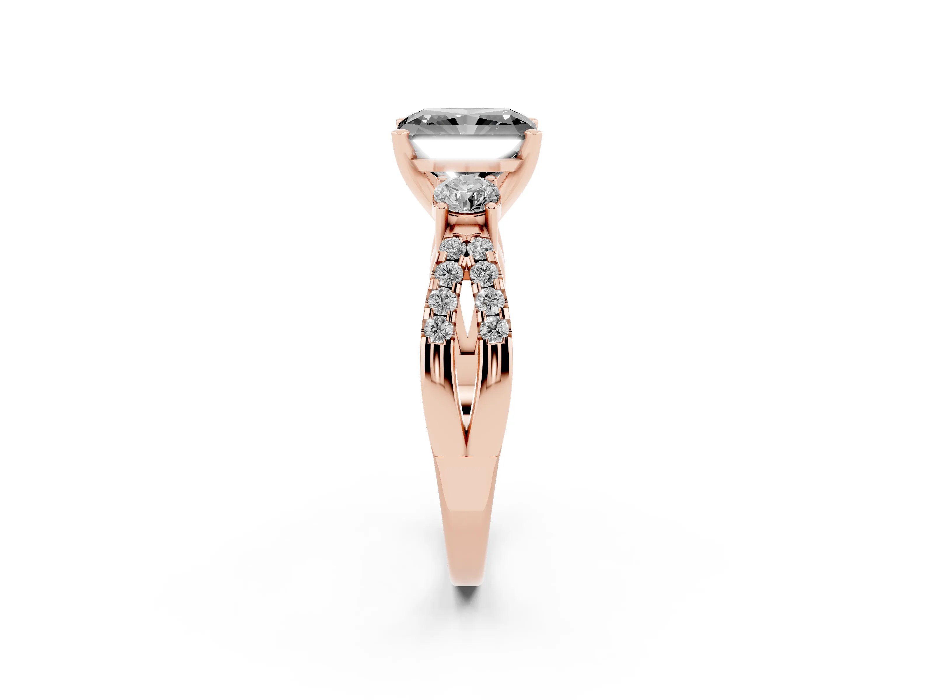 Fancy Black Radiant Cut Diamond Three-Stone Ring Set in Rose gold with Pavé Split Shank and Prong Setting