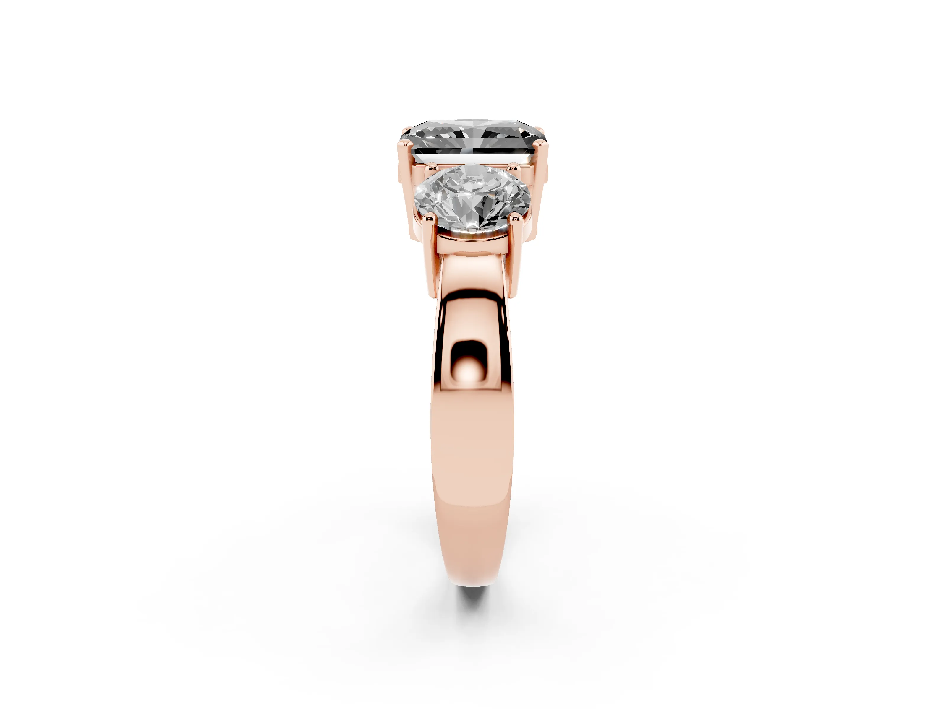 Fancy Black Radiant Cut Diamond Three-Stone Ring Set in Rose gold with Round Side Stones and Classic Band