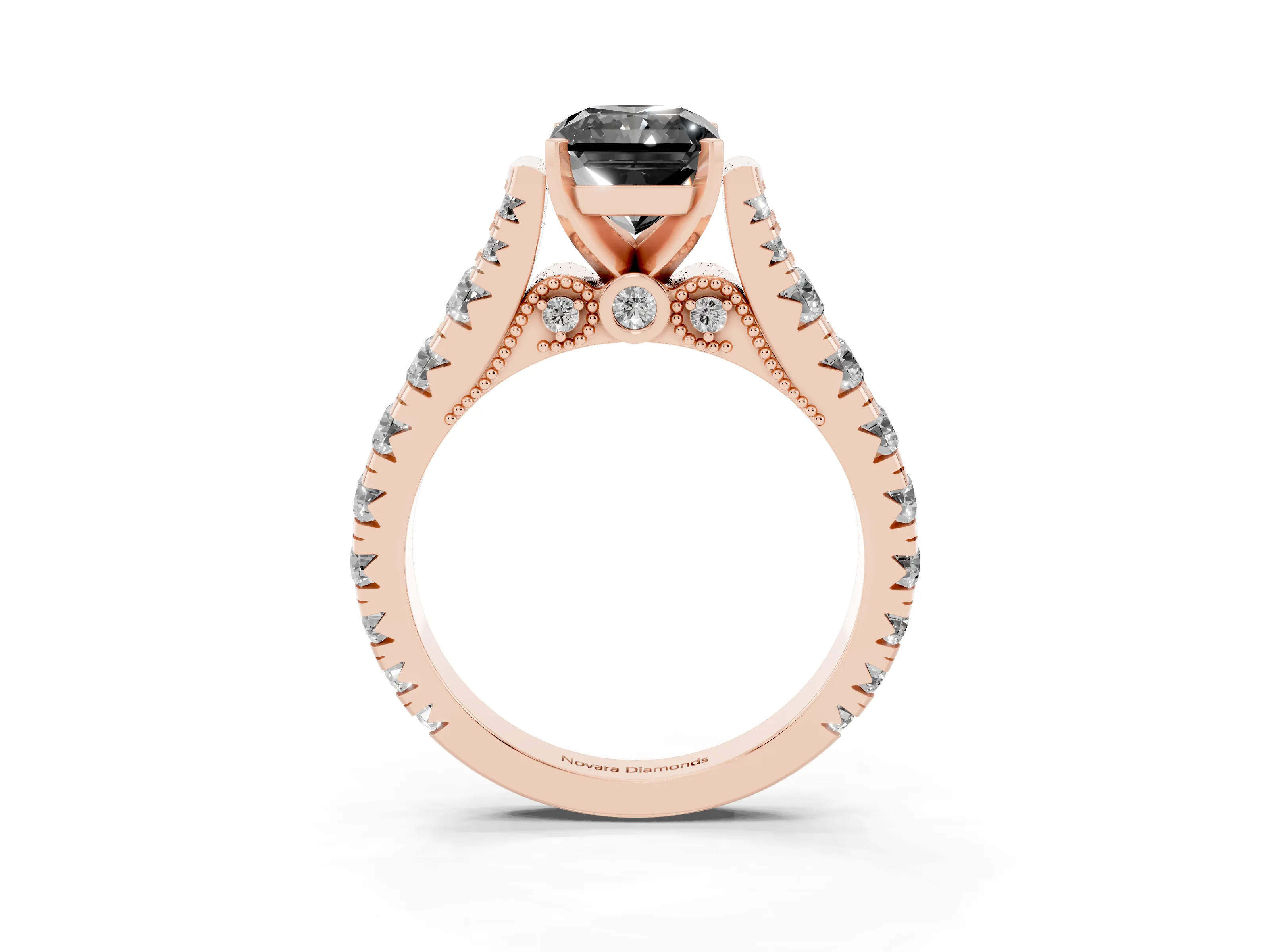 Fancy Black Radiant Cut Diamond Classic Solitaire Ring Set in Rose gold with Pavé Band and Prong Setting