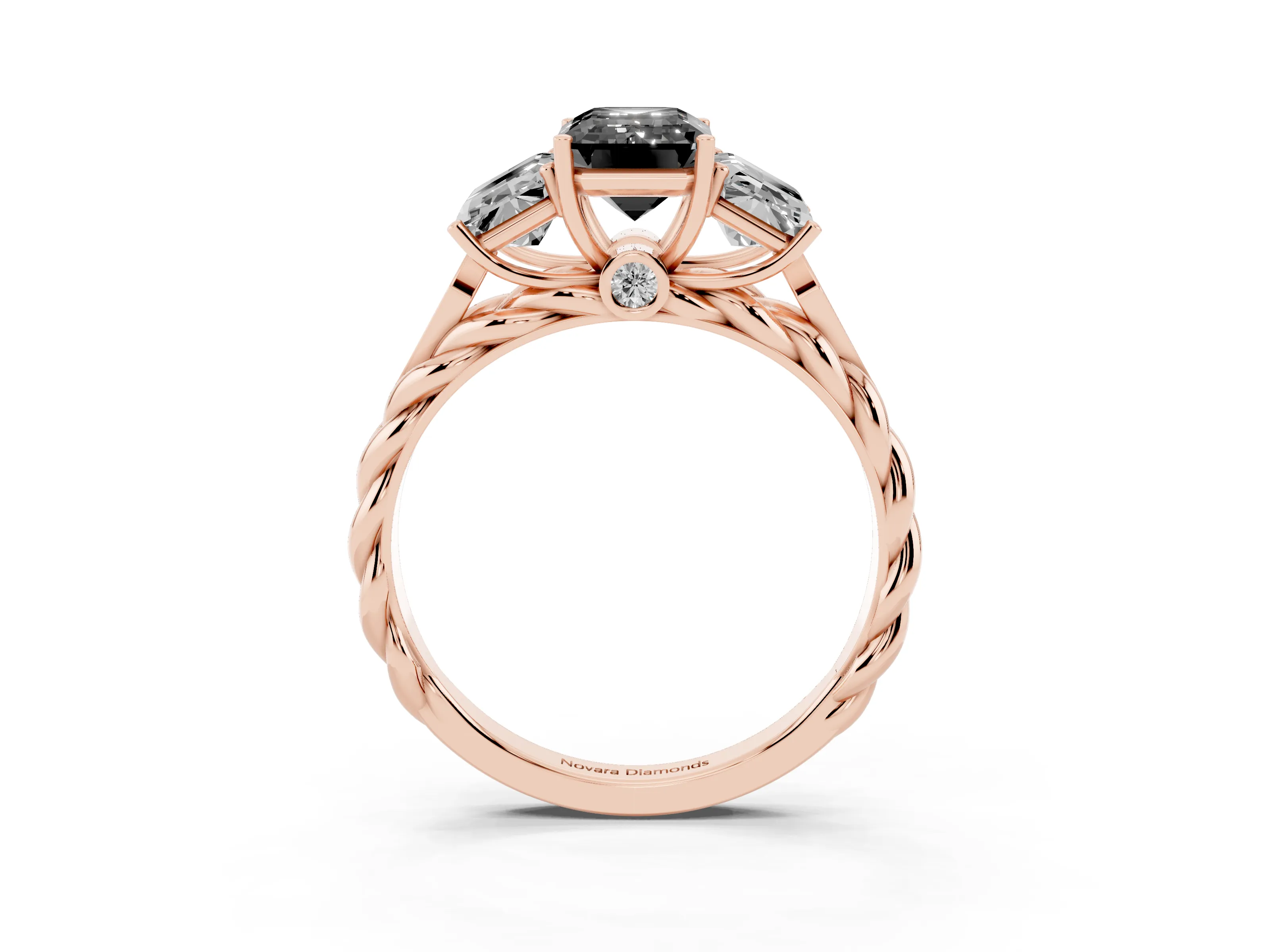 Fancy Black Radiant Cut Diamond Three-Stone Ring Set in Rose gold with Braided Band