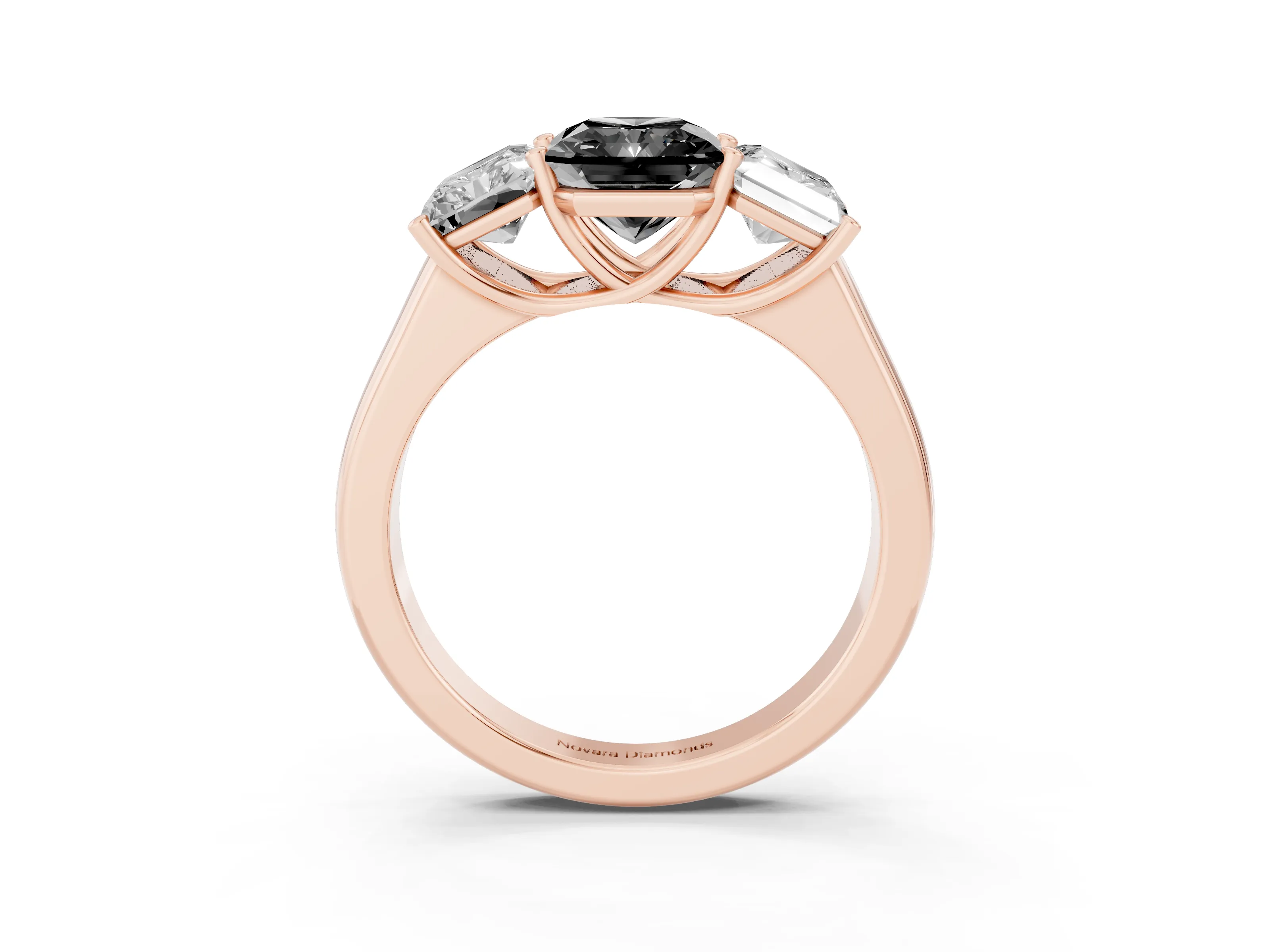 Fancy Black Radiant Cut Diamond Three-Stone Ring Set in Rose gold with Plain Polished Band