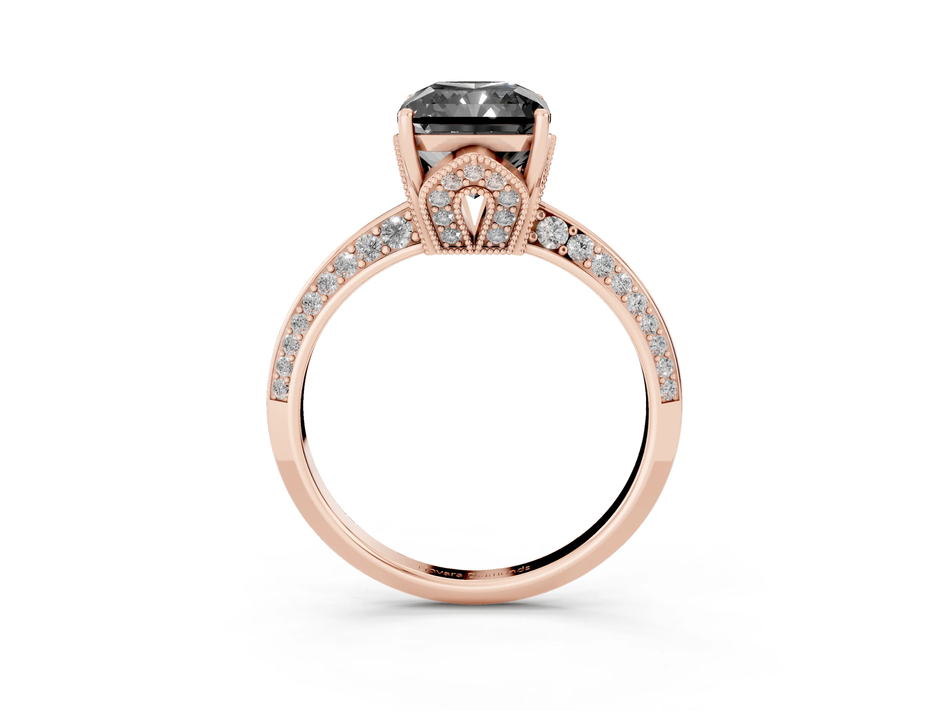 Fancy Black Radiant Cut Diamond Solitaire Engagement Ring Set in Rose gold with Pavé Split Shank and Prong Setting