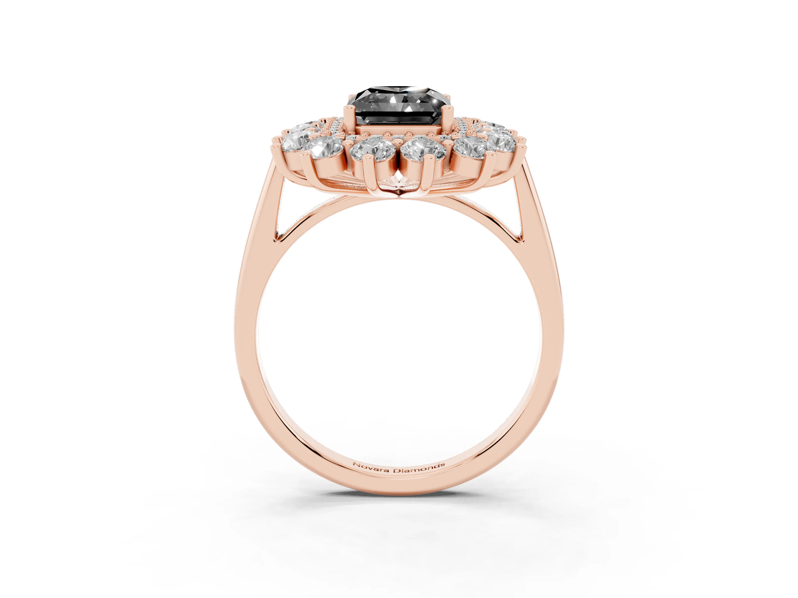 Fancy Black Radiant Cut Diamond Floral Double Halo Ring Set in Rose gold with Round Petals