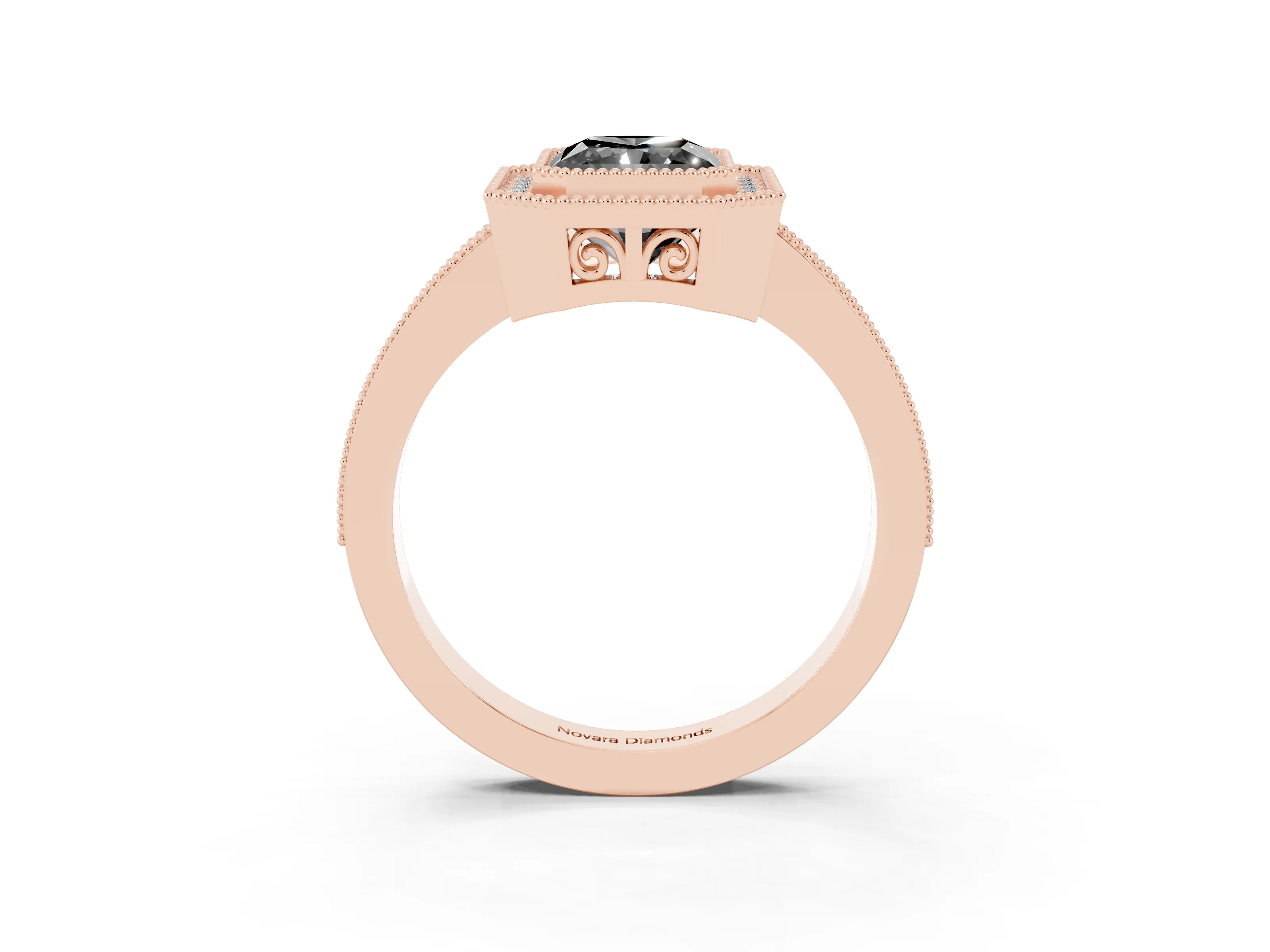 Fancy Black Radiant Cut Diamond Round Halo Ring Set in Rose gold with Pavé Band