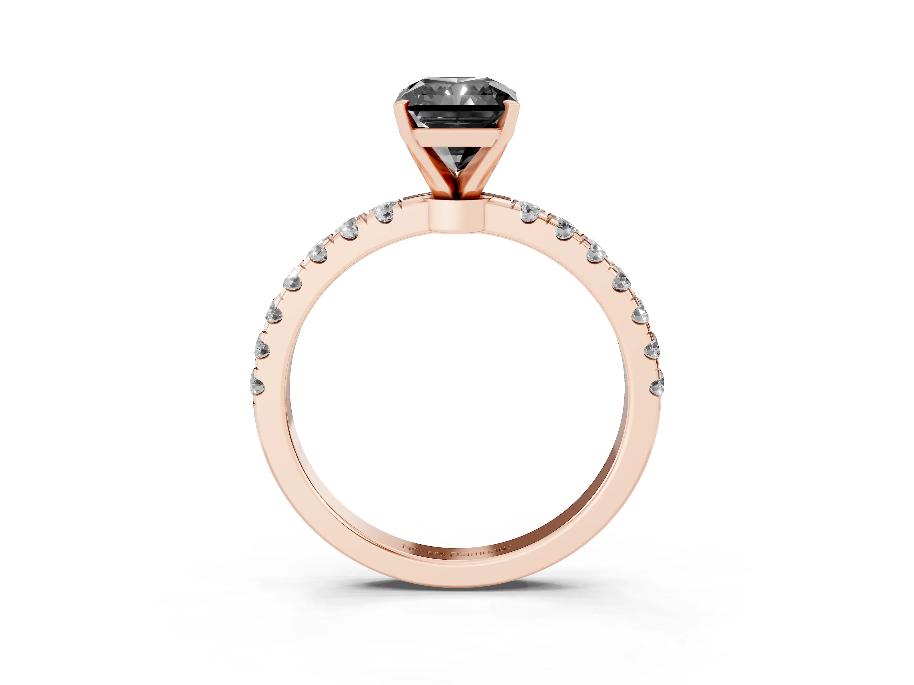 Fancy Black Radiant Cut Diamond Solitaire Ring Set in Rose gold with Pavé Accents and Prong Setting