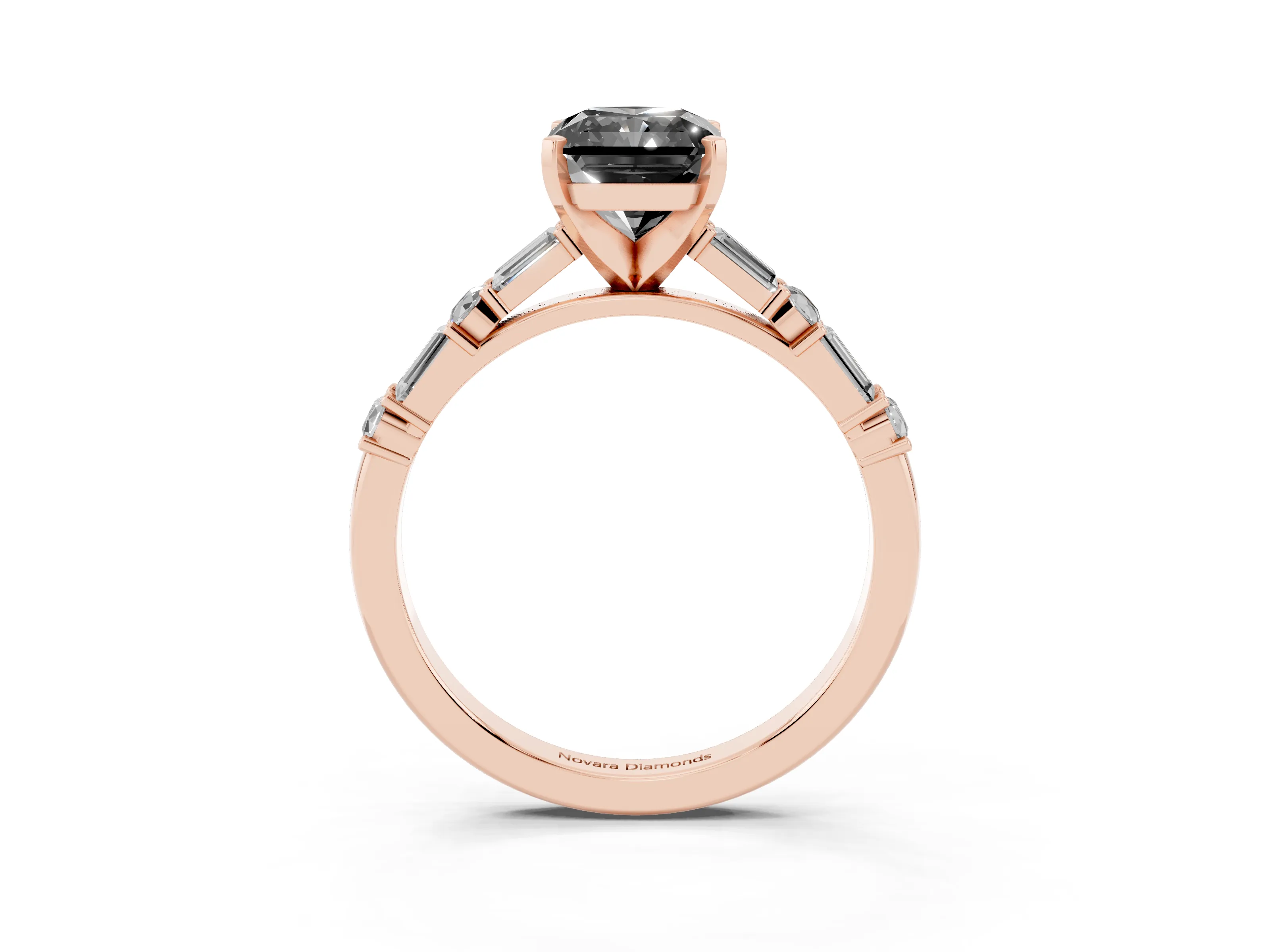 Fancy Black Radiant Cut Diamond Solitaire Set in Rose gold with Side Baguettes and Channel Set Band