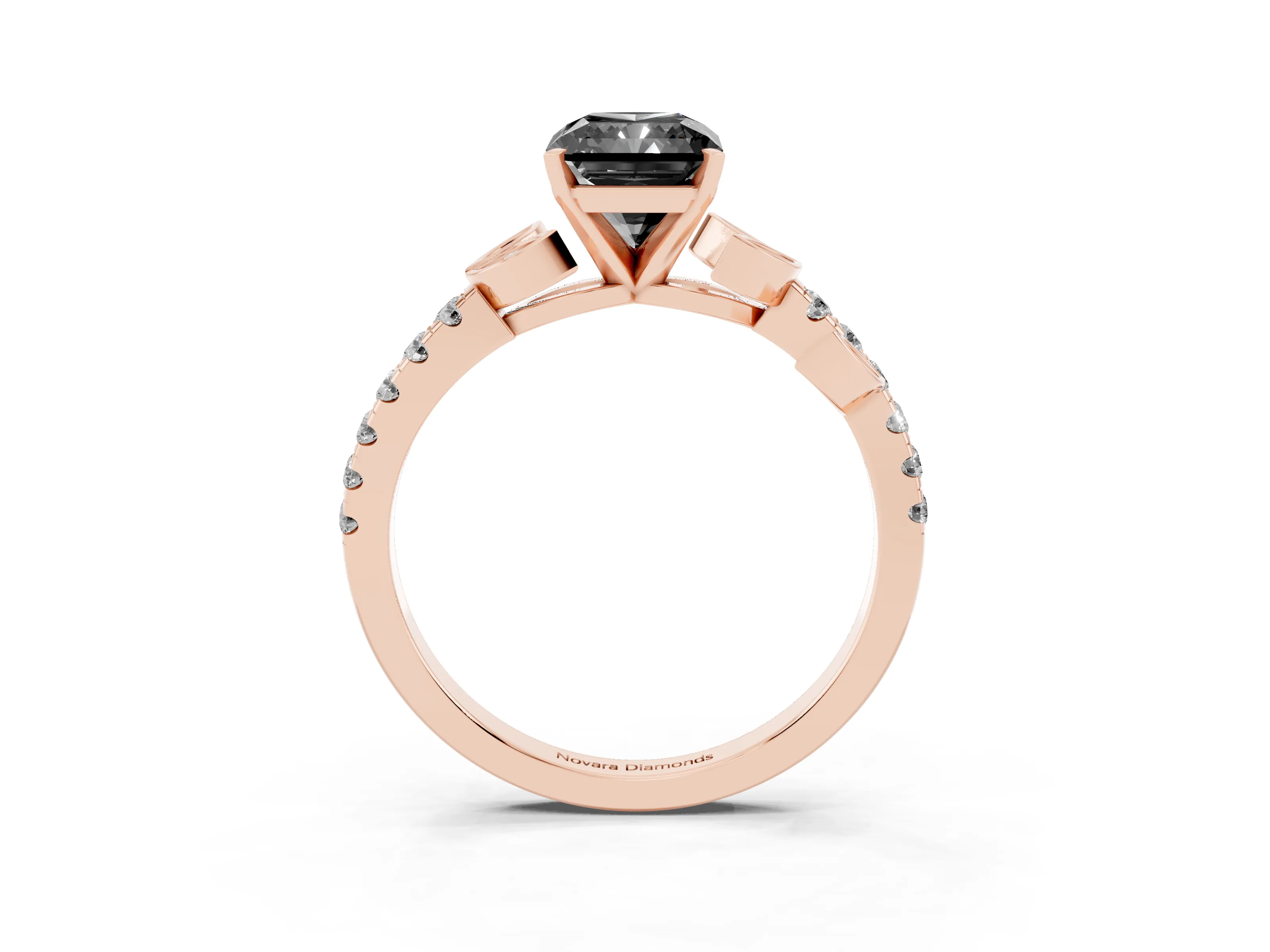 Fancy Black Radiant Cut Diamond Solitaire Leaf-Inspired Ring Set in Rose gold with Pavé Band and Prong Setting