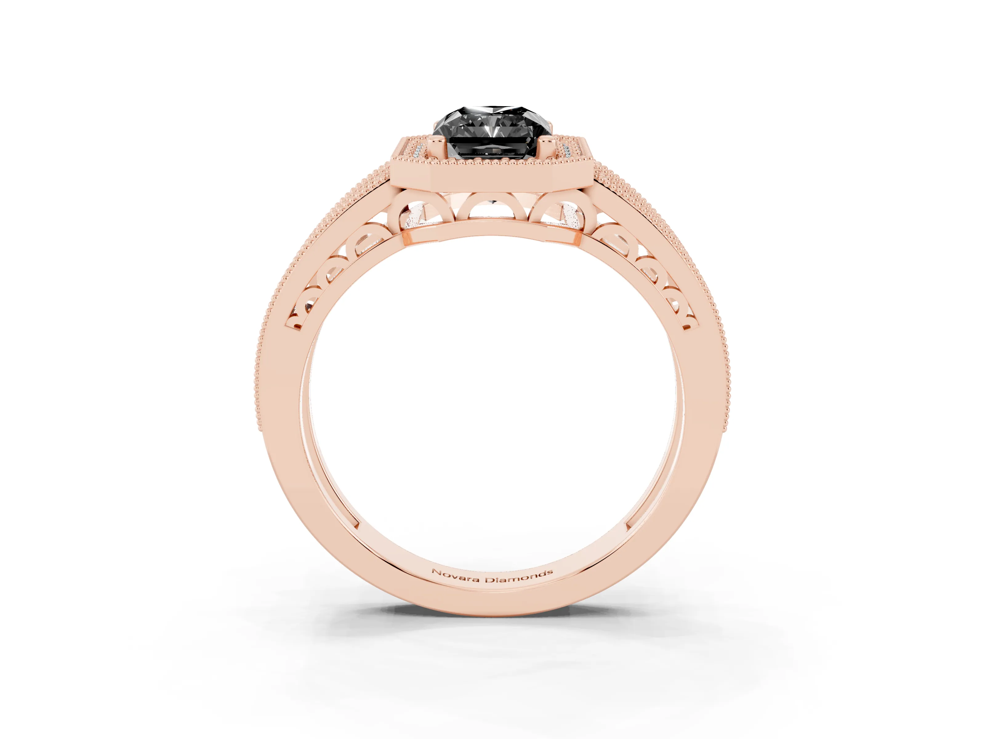 Fancy Black Radiant Cut Diamond Halo Ring Set in Rose gold with Accent Split Shank and Prong Setting