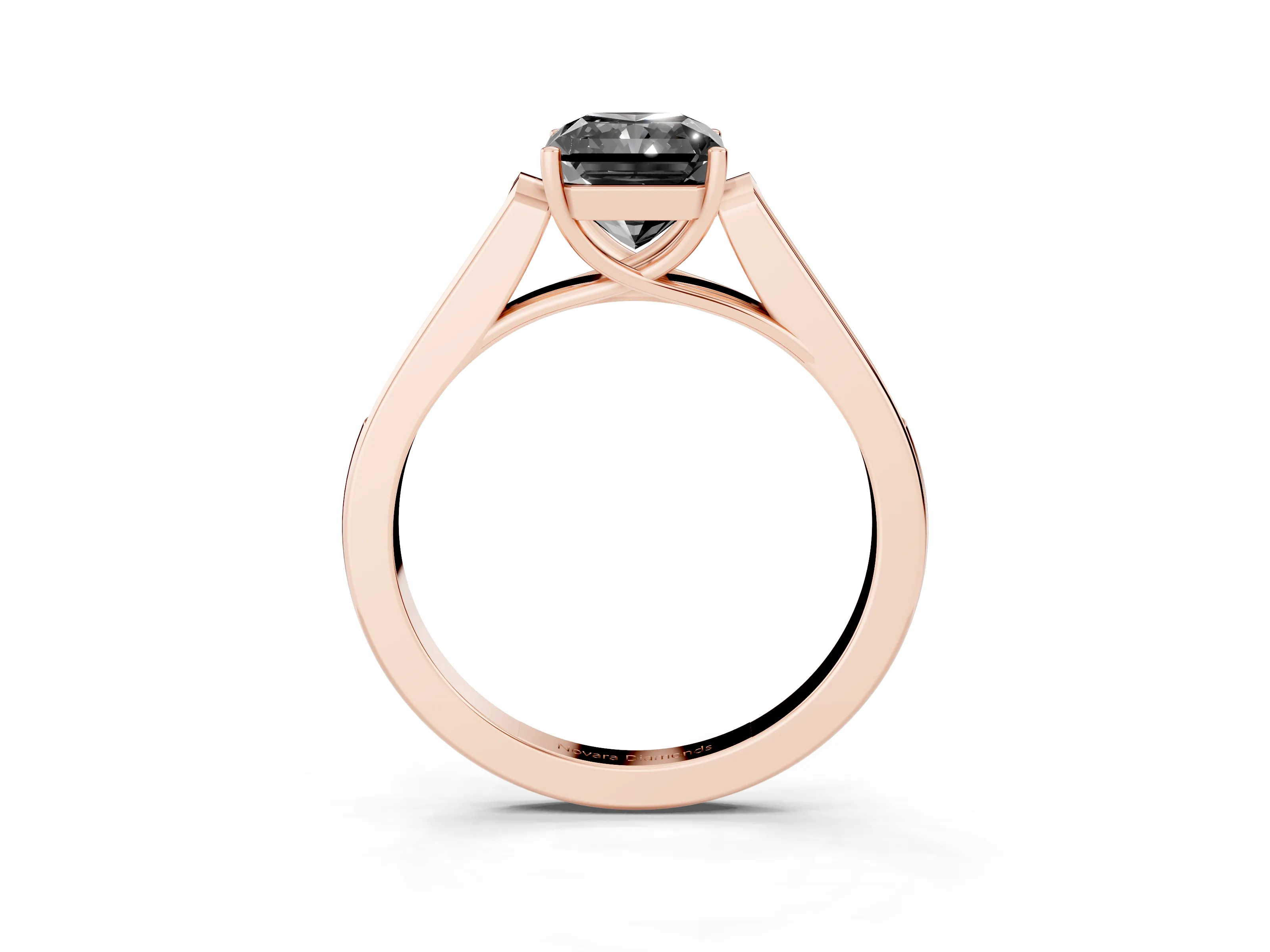 Fancy Black Radiant Cut Diamond Solitaire Cathedral Engagement Ring Set in Rose gold with Channel-Set Band and Prong Setting