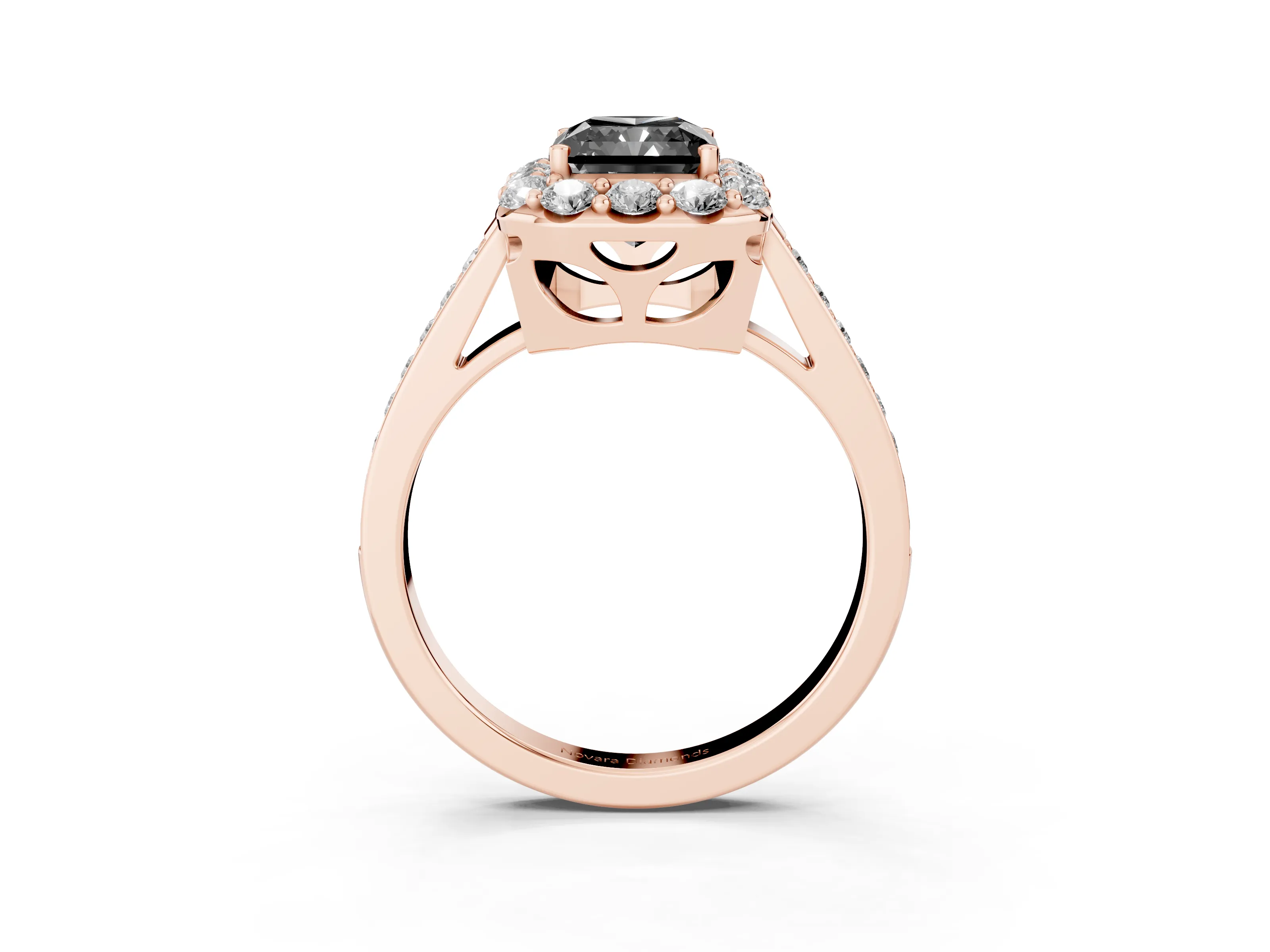 Fancy Black Radiant Cut Diamond Floral Halo Ring Set in Rose gold with Pavé Band and Prong Setting
