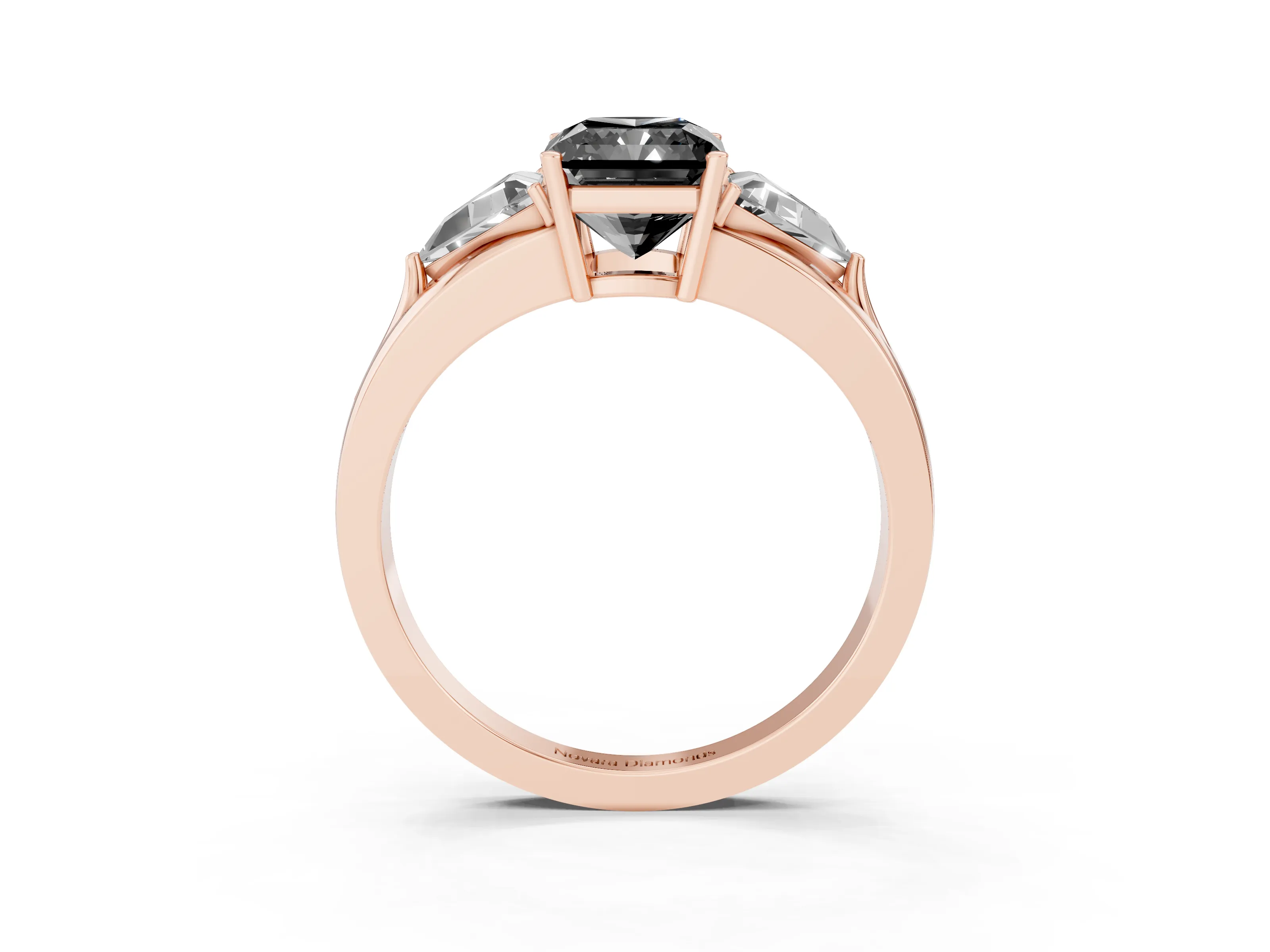 Fancy Black Radiant Cut Diamond Three-Stone Ring Set in Rose gold with Trillion Side Stones and Split Shank