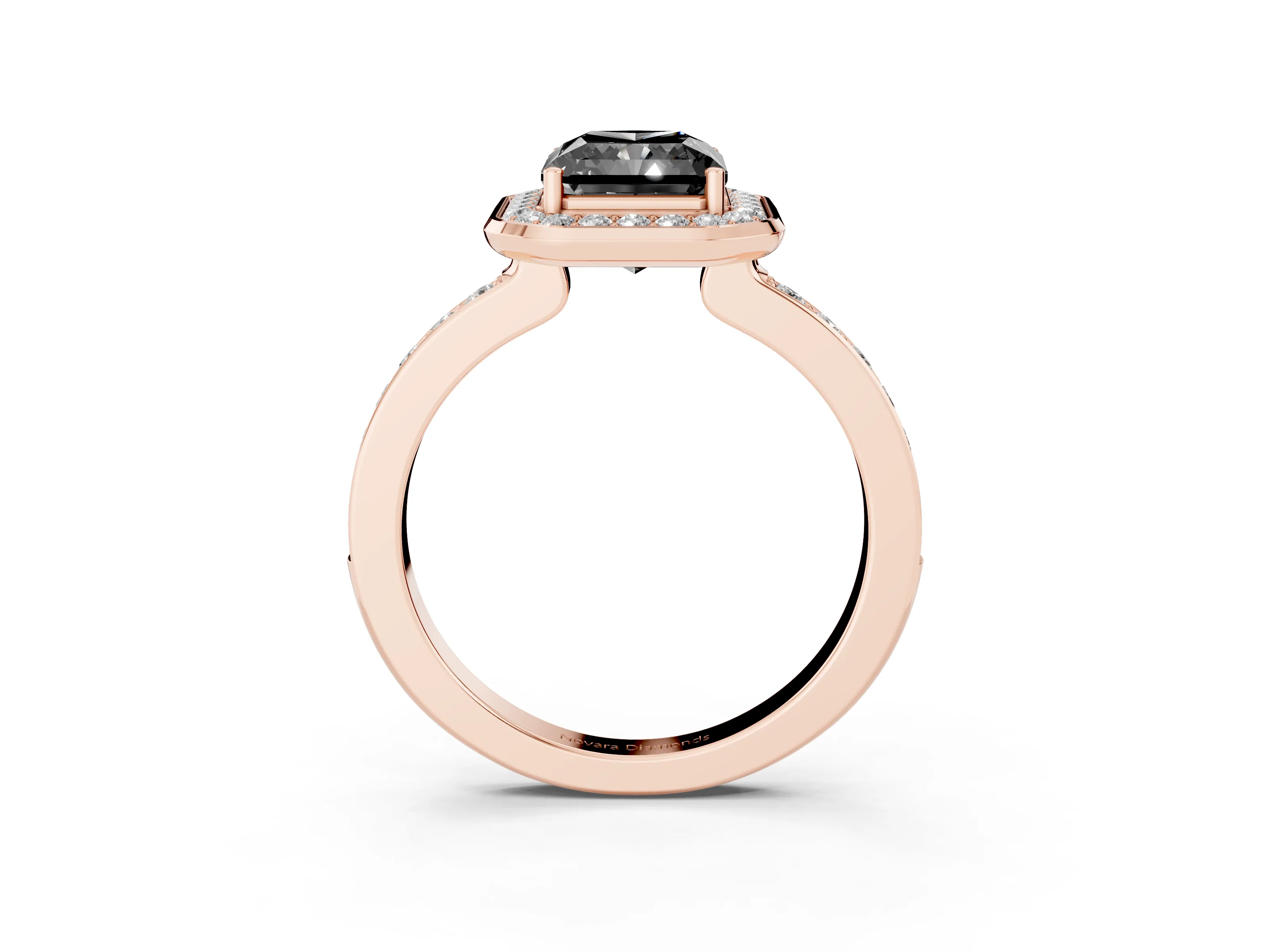 Fancy Black Radiant Cut Diamond Halo Ring Set in Rose gold with Bezel Frame and Pavé Band