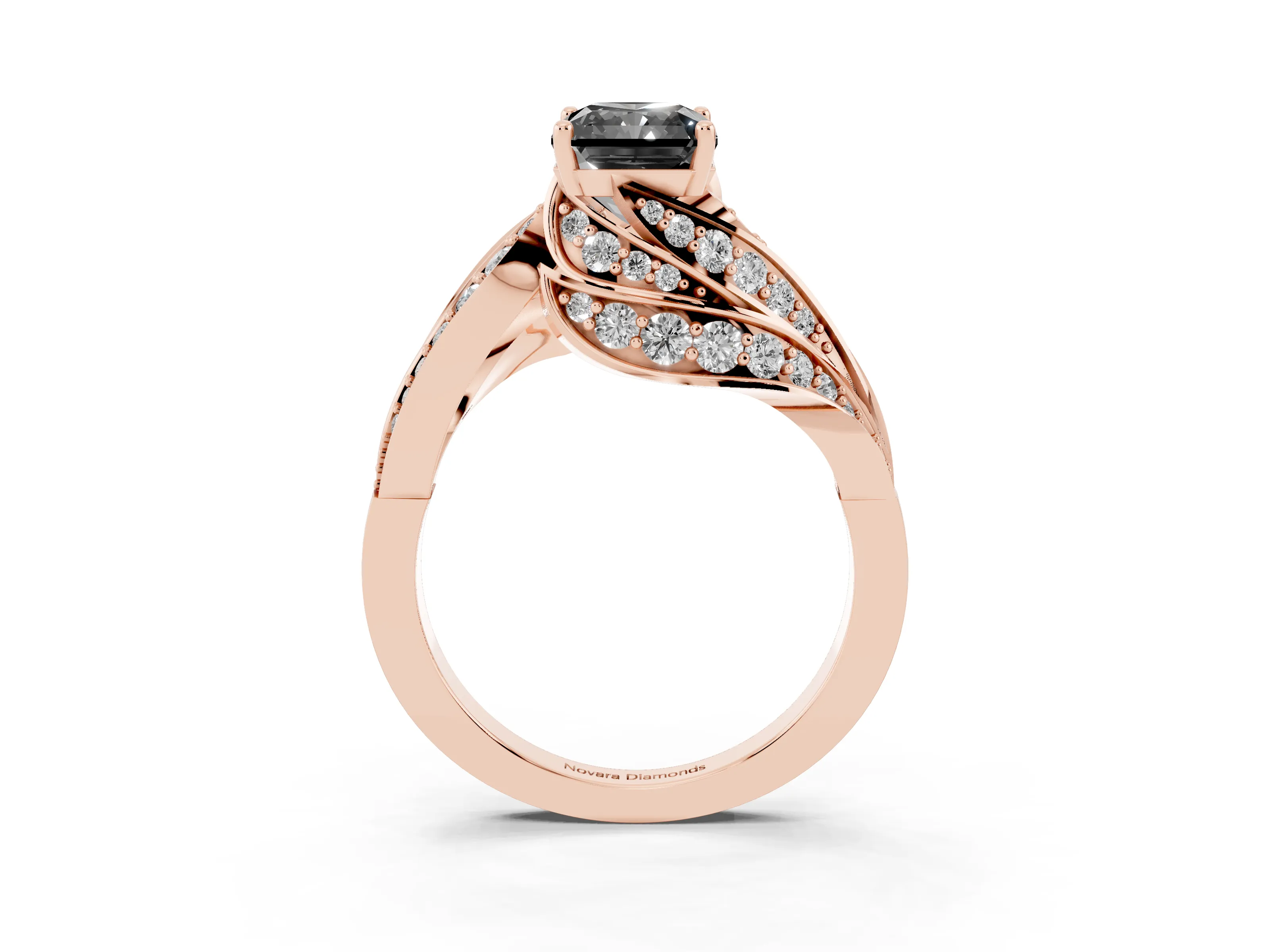 Fancy Black Radiant Cut Diamond Solitaire Ring Set in Rose gold with Layered Twist Pavé Band