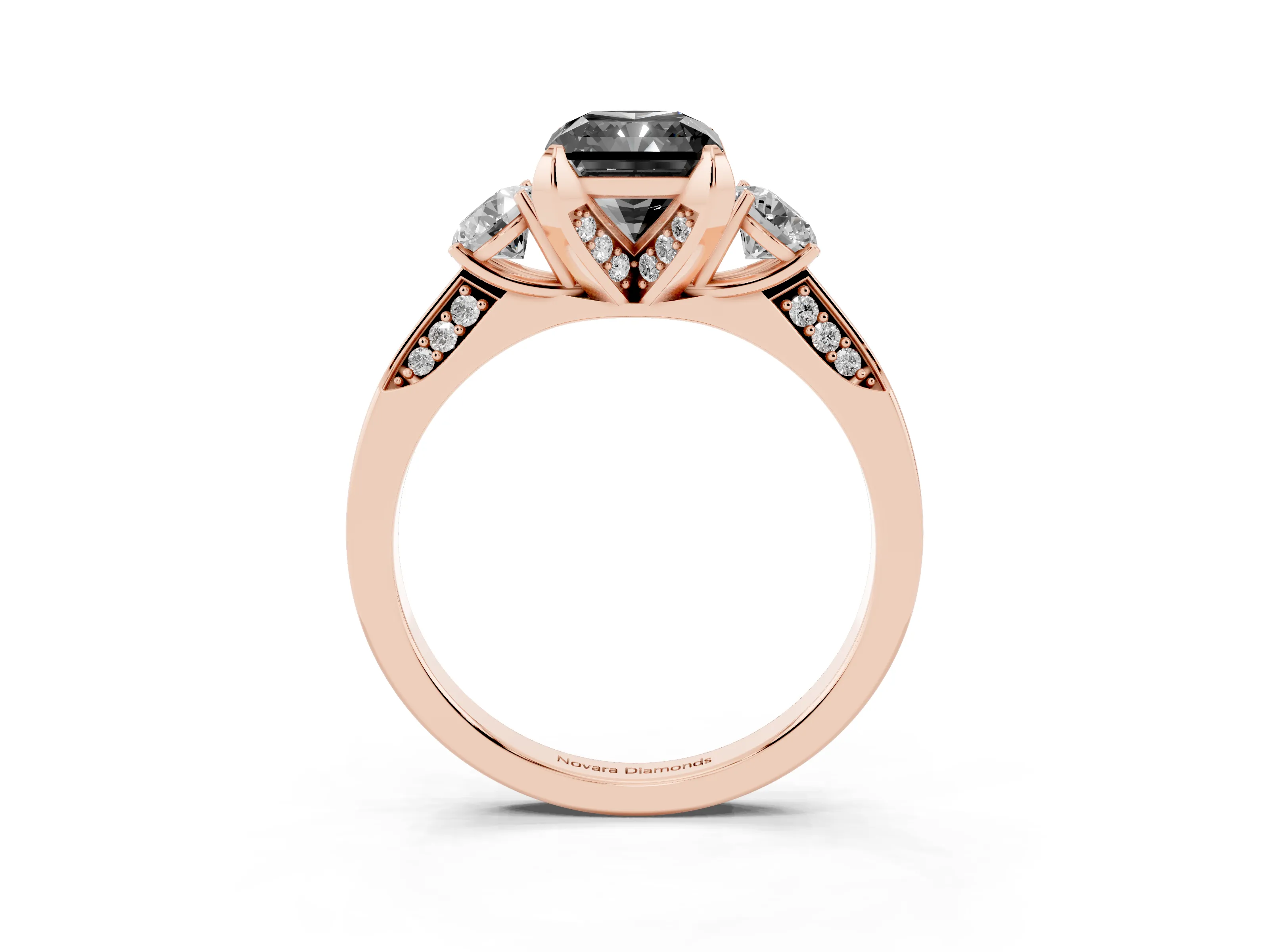 Fancy Black Radiant Cut Diamond Three-Stone Ring Set in Rose gold with Pavé Band and Smaller Side Stones