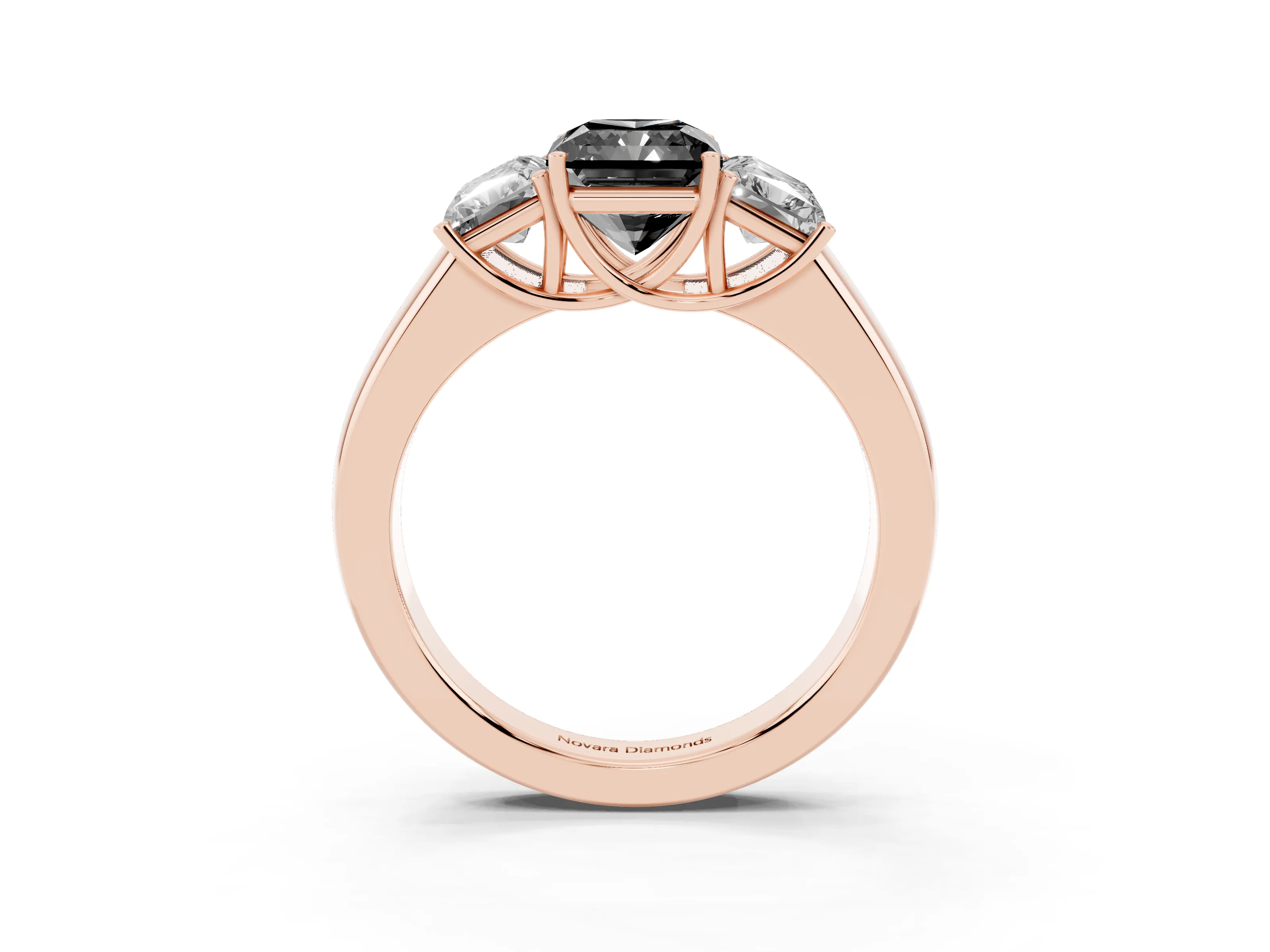 Fancy Black Three-Stone Radiant Cut Diamond Ring Set in Rose gold with Matching Prong Settings and Plain Band