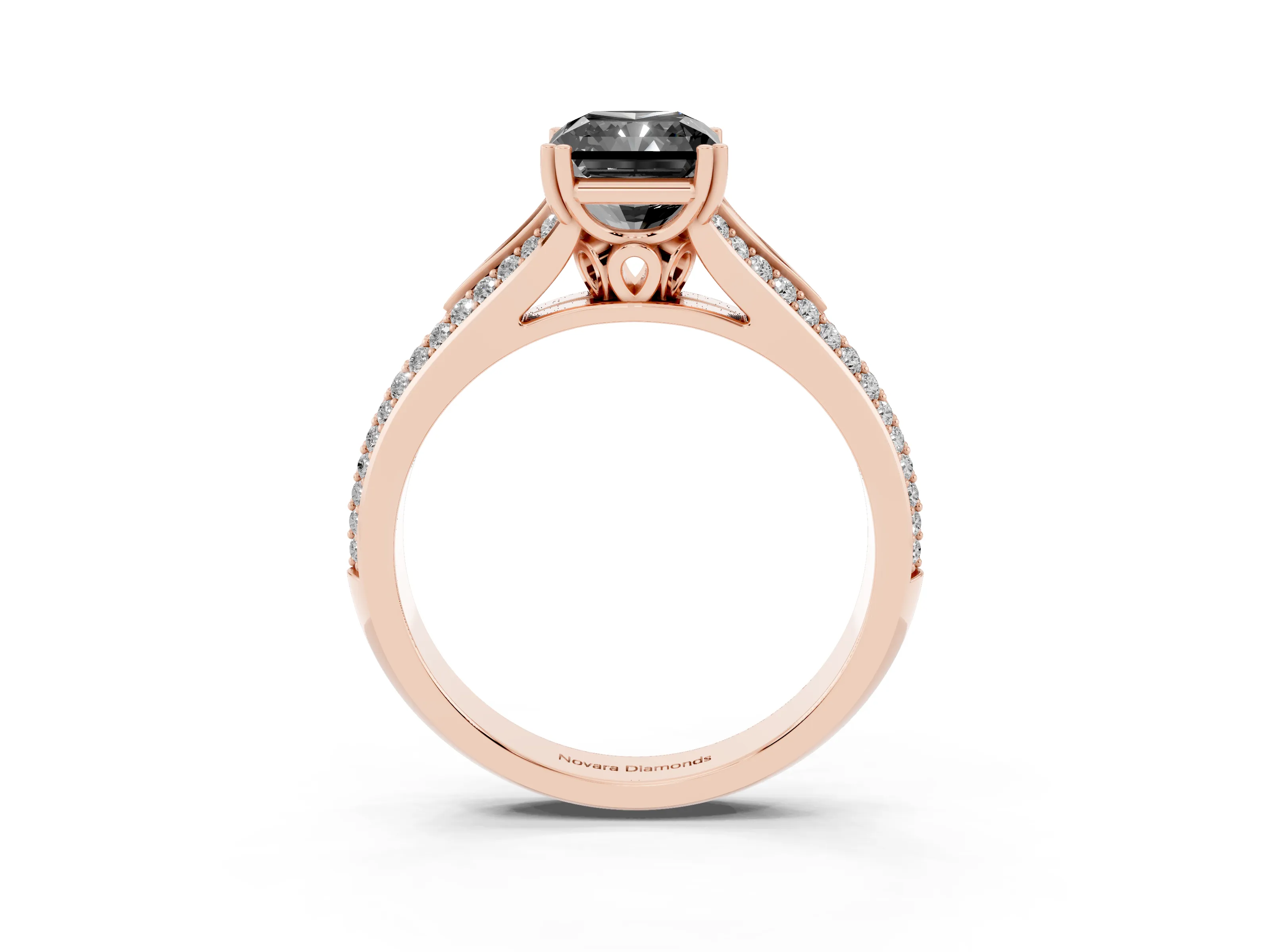 Fancy Black Radiant Cut Diamond Split Shank Pavé Engagement Ring Set in Rose gold with Prong-Set Center Stone