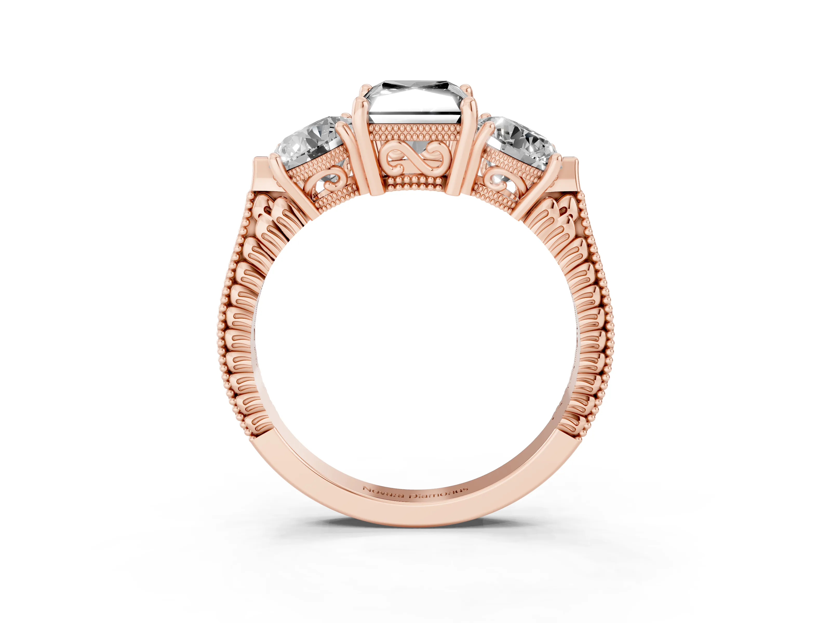 Fancy Black Radiant Cut Diamond Three-Stone Ring Set in Rose gold with Milgrain Band