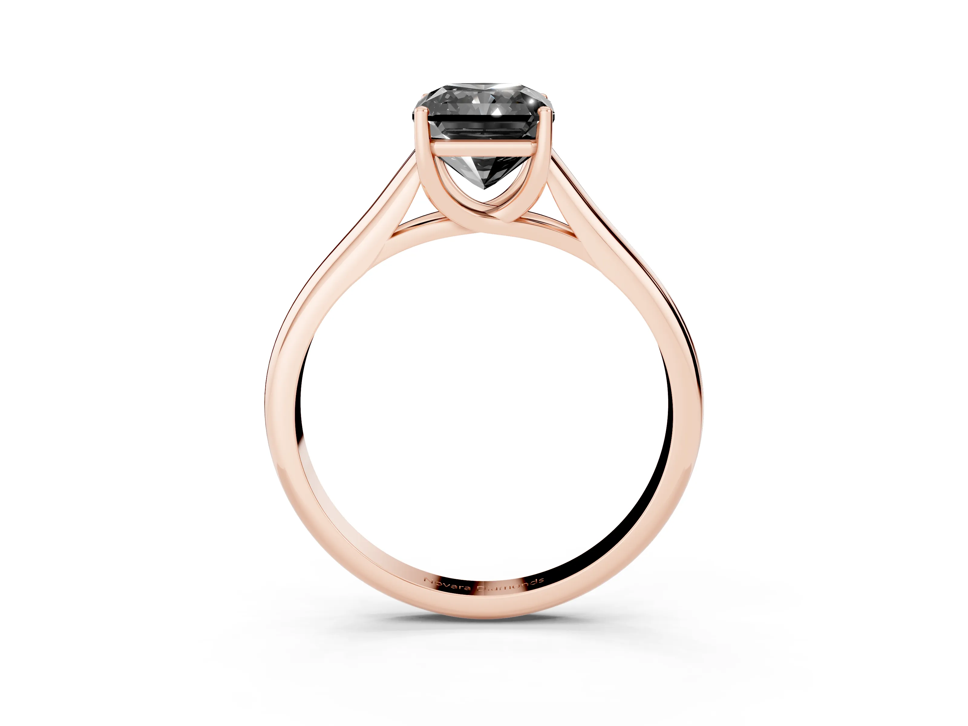 Fancy Black Radiant Cut Diamond Solitaire Engagement Ring Set in Rose gold with Subtly Tapered Band and Prong Setting