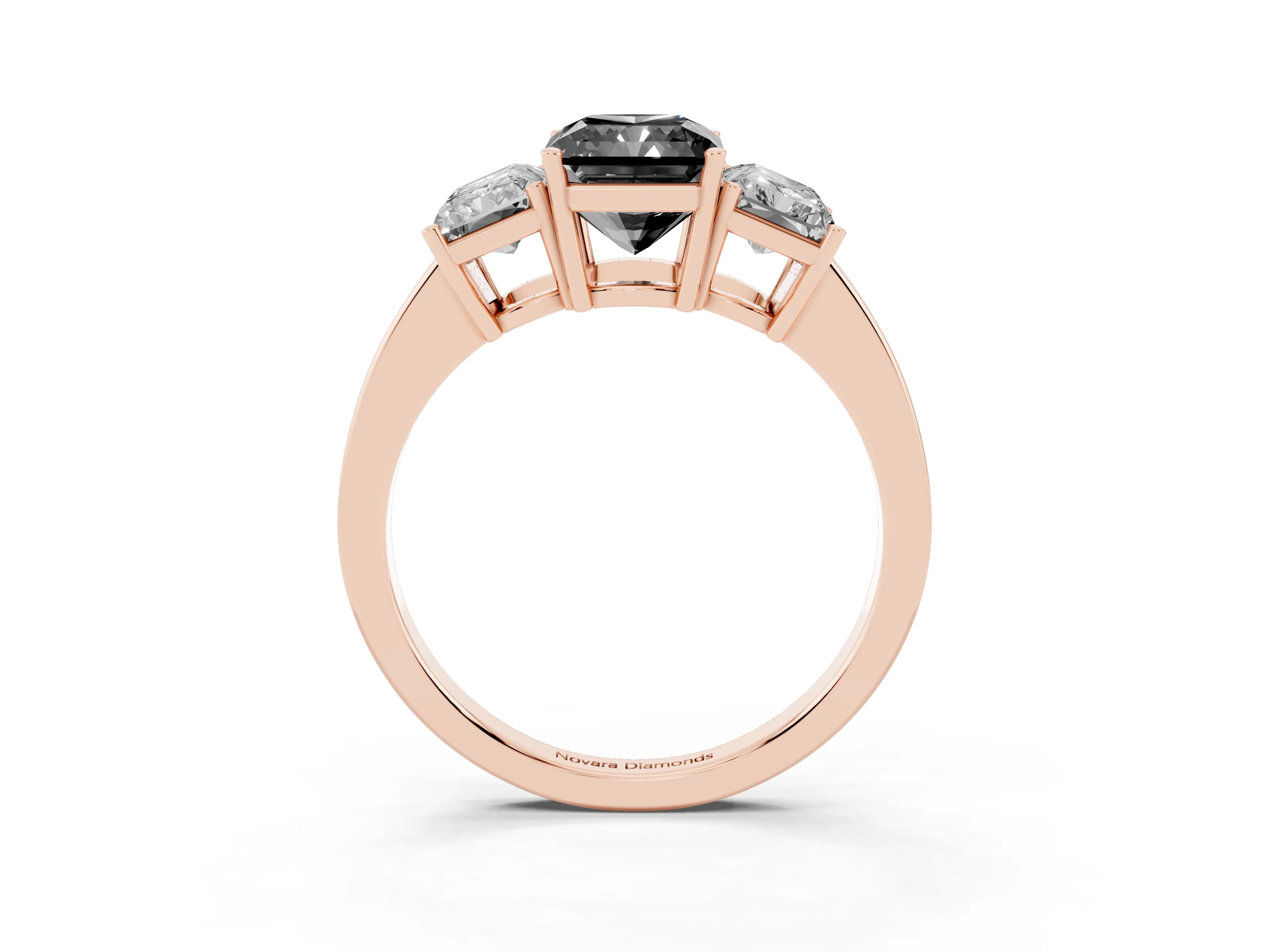 Fancy Black Radiant Cut Diamond Three-Stone Engagement Ring Set in Rose gold with Flat Band