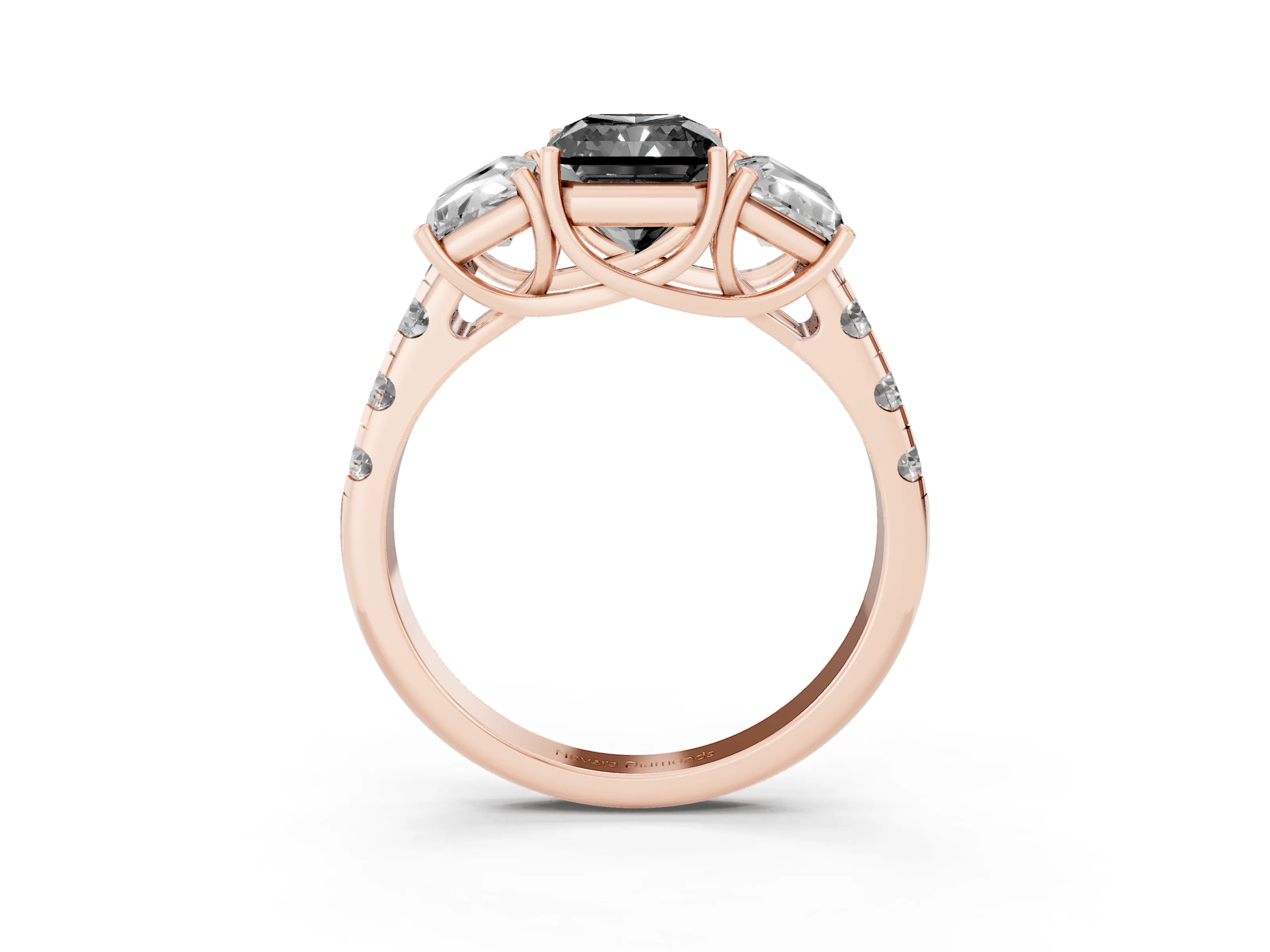 Fancy Black Radiant Cut Diamond Three-Stone Ring Set in Rose gold with Pavé Band