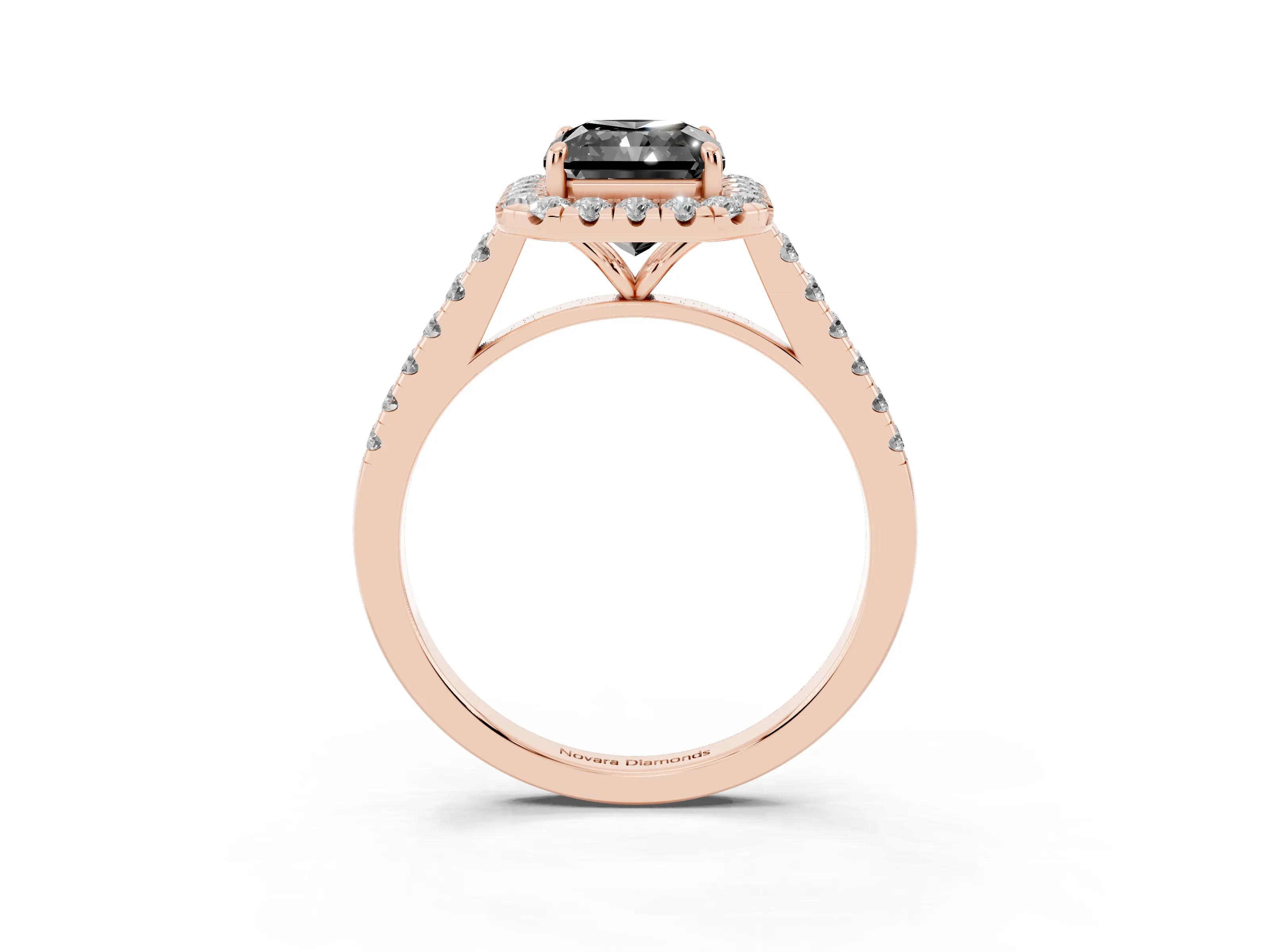 Fancy Black Radiant Cut Diamond Halo Pavé Engagement Ring Set in Rose gold with Prong Setting