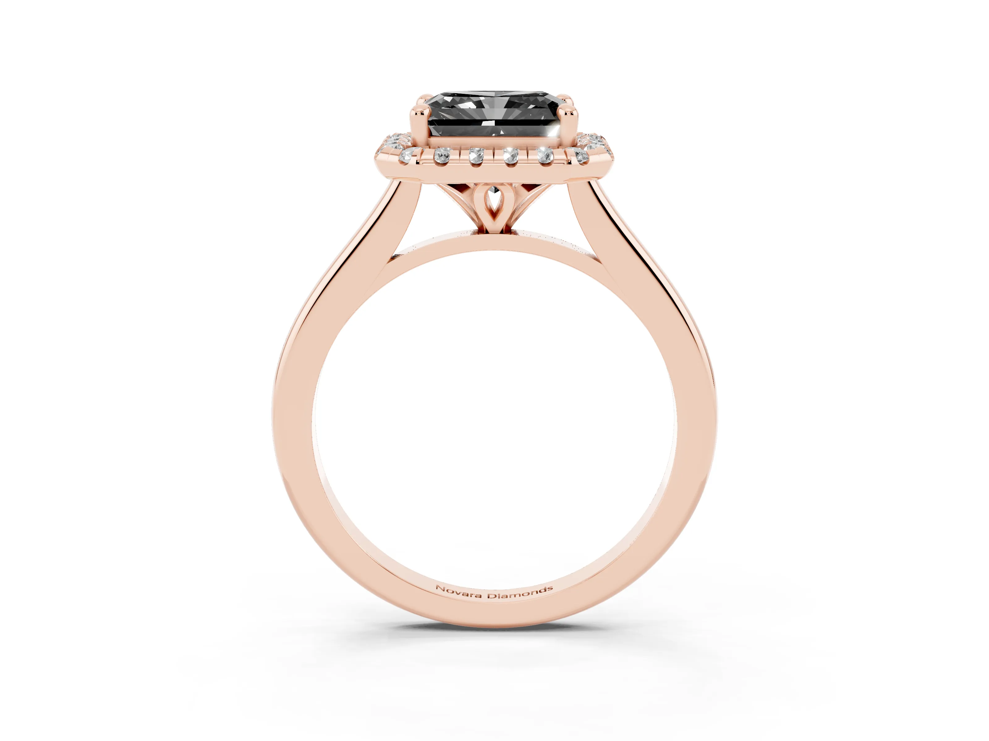 Fancy Black Radiant Cut Diamond Halo Engagement Ring Set in Rose gold with Pavé Band and Rising Shoulders