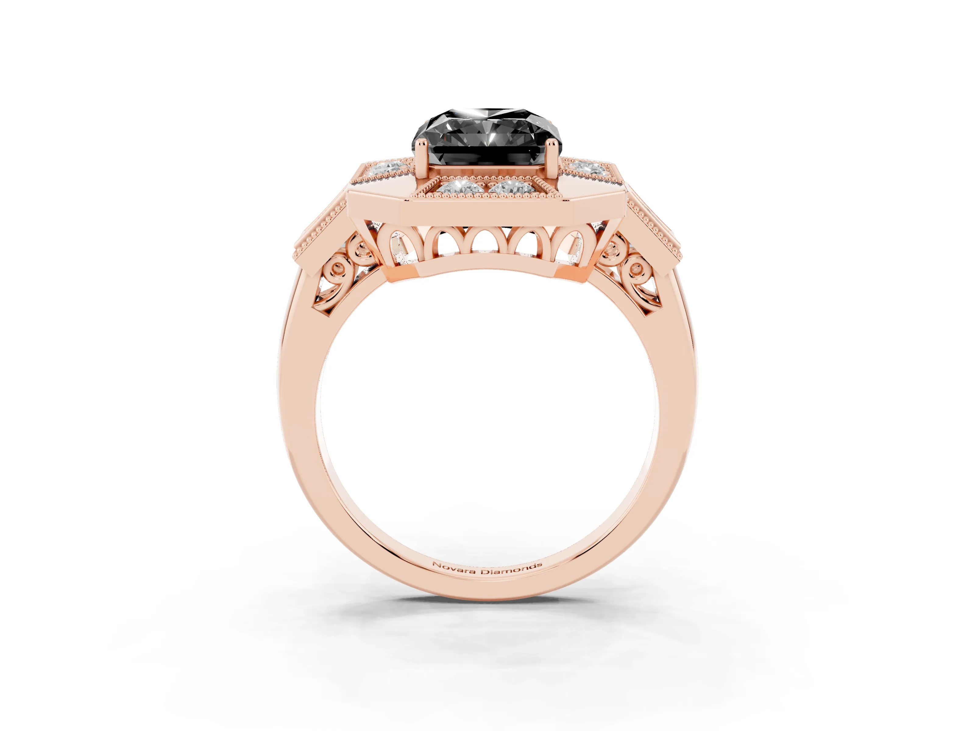 Fancy Black Radiant Cut Diamond Milgrain Halo Ring Set in Rose gold with Split Shank