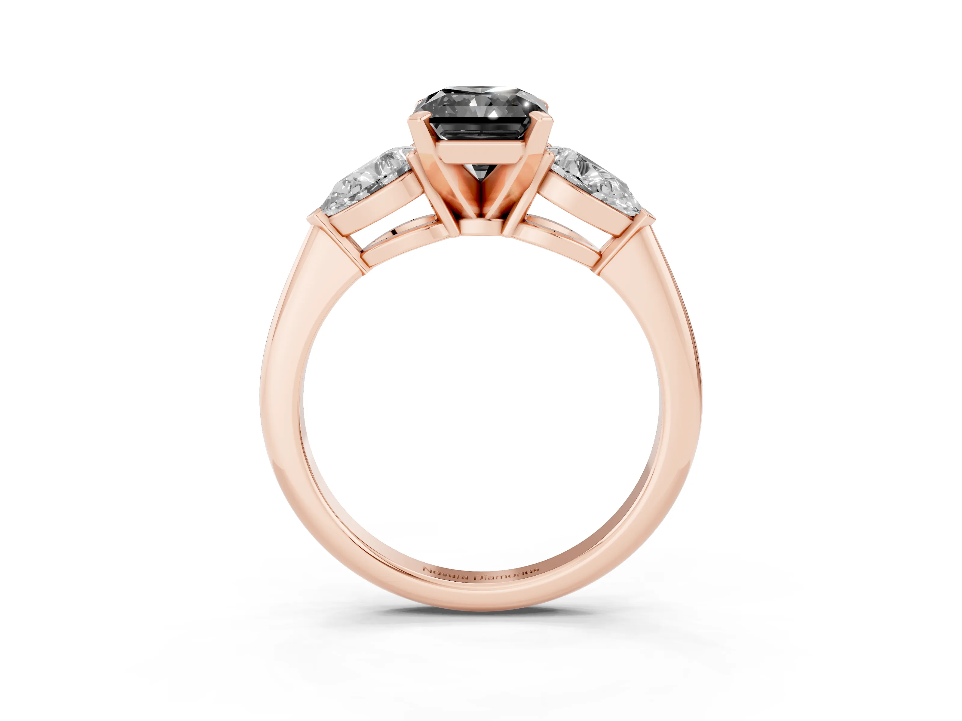 Fancy Black Three-Stone Radiant Cut Diamond Ring Set in Rose gold with Pear Side Stones and Prong Setting