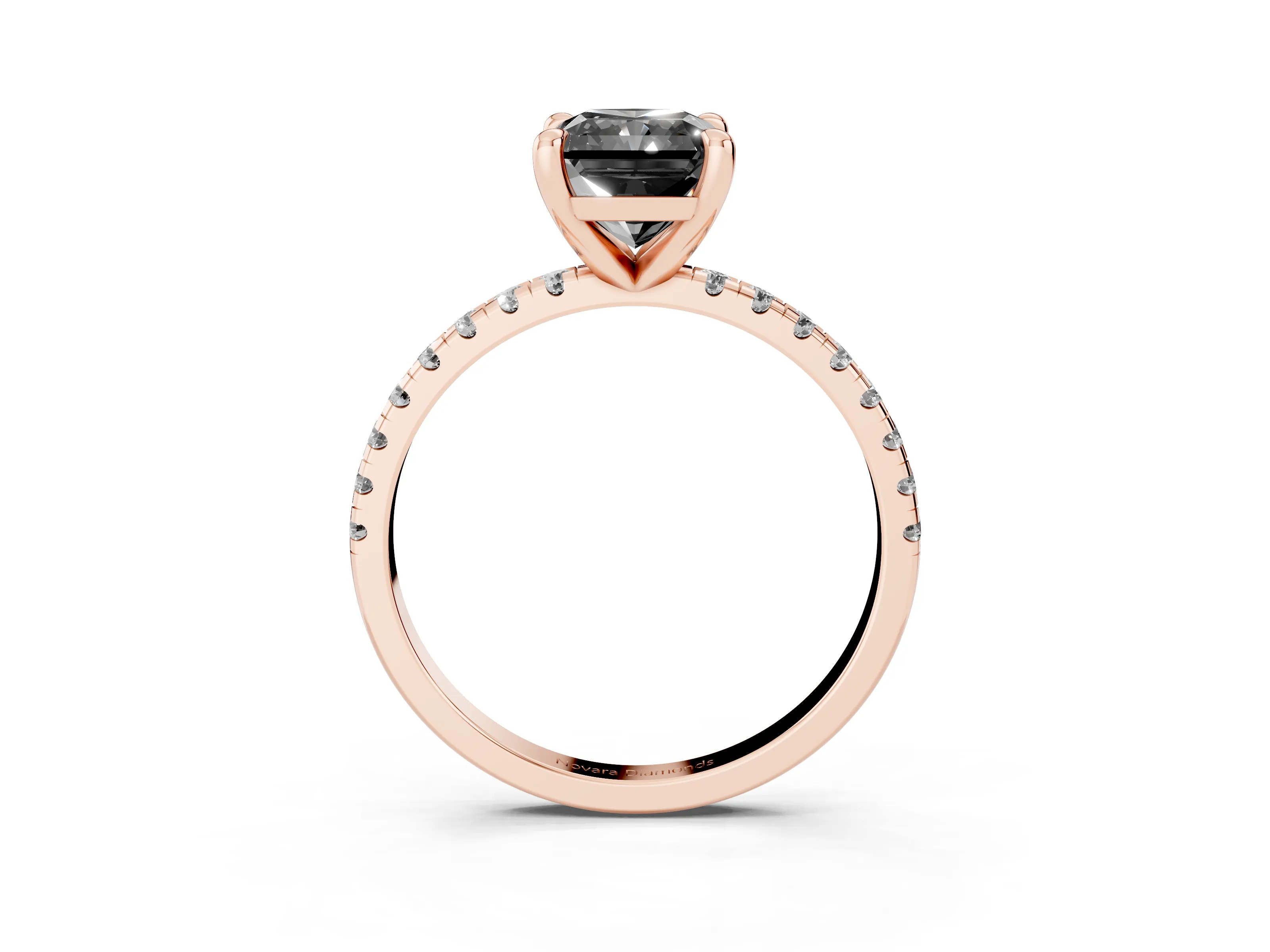 Fancy Black Radiant Cut Diamond Brilliant Solitaire Ring Set in Rose gold with Pavé Band and Prong Setting