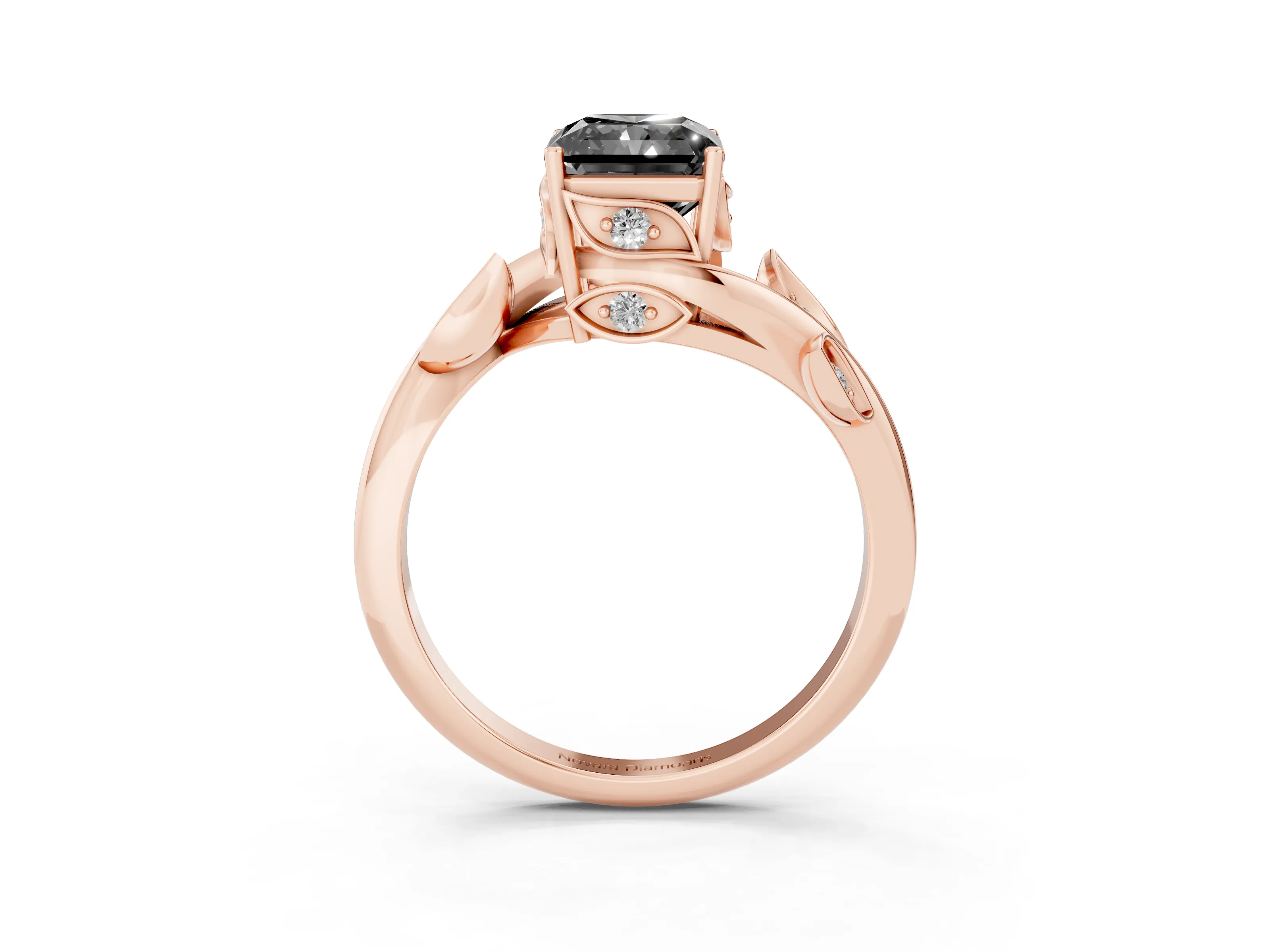 Fancy Black Radiant Cut Diamond Solitaire Twist Engagement Ring Set in Rose gold with Pavé Leaf Accents