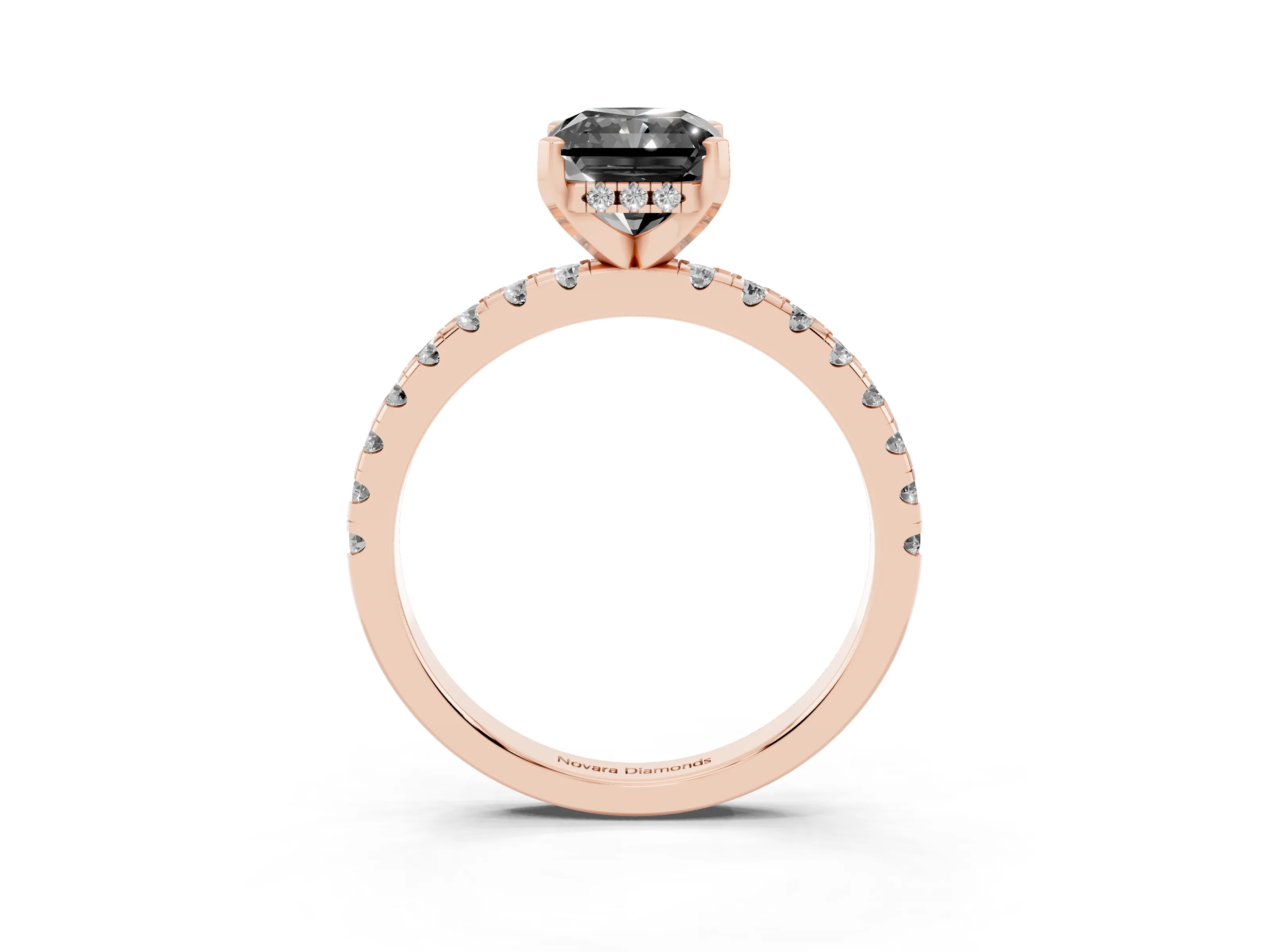 Fancy Black Radiant Cut Diamond Pavé Solitaire Ring Set in Rose gold with Round Band Accents and Prong Setting
