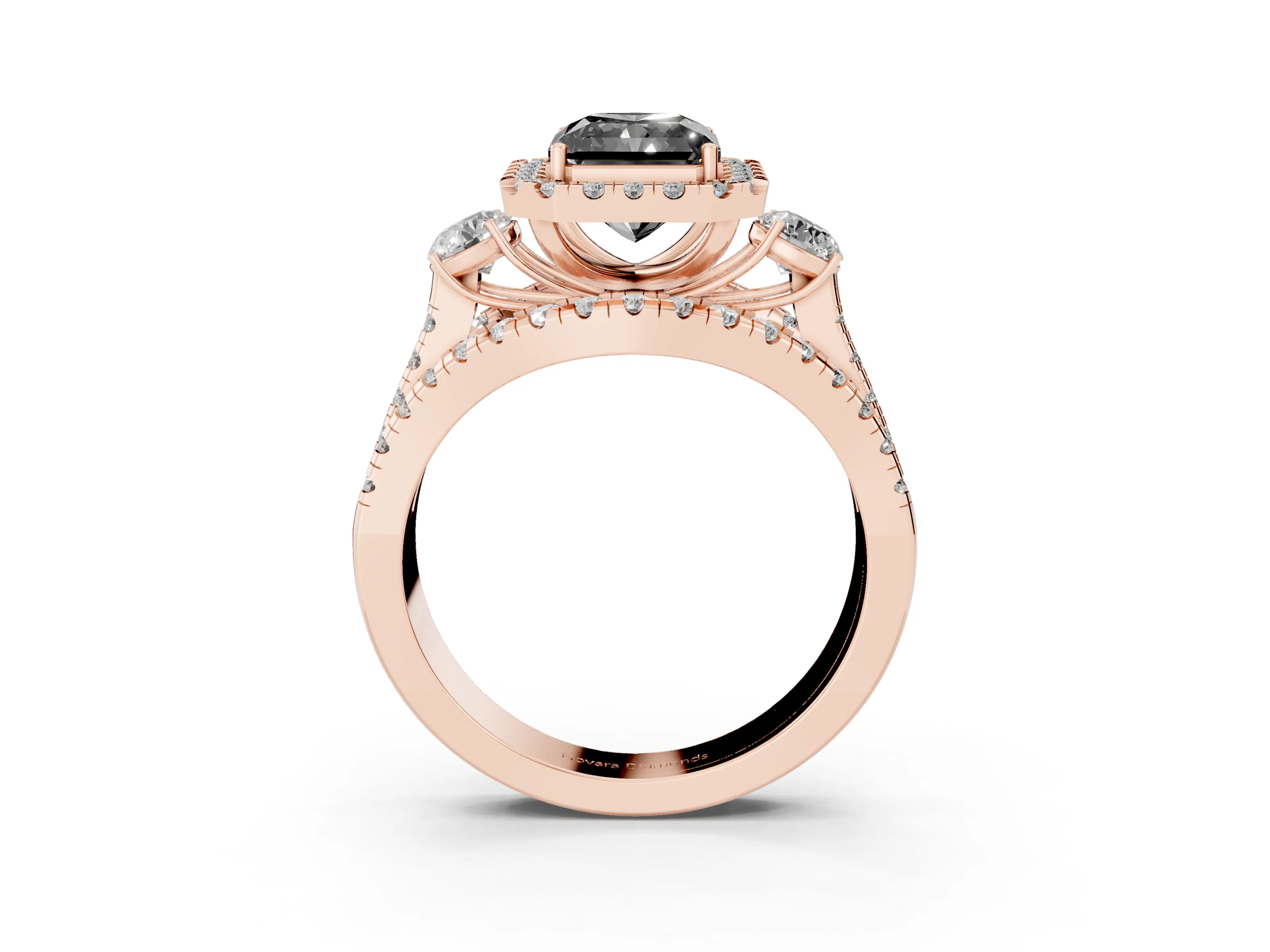 Fancy Black Radiant Cut Diamond Halo Split Shank Ring Set in Rose gold with Round Accent Stones and Prong Setting