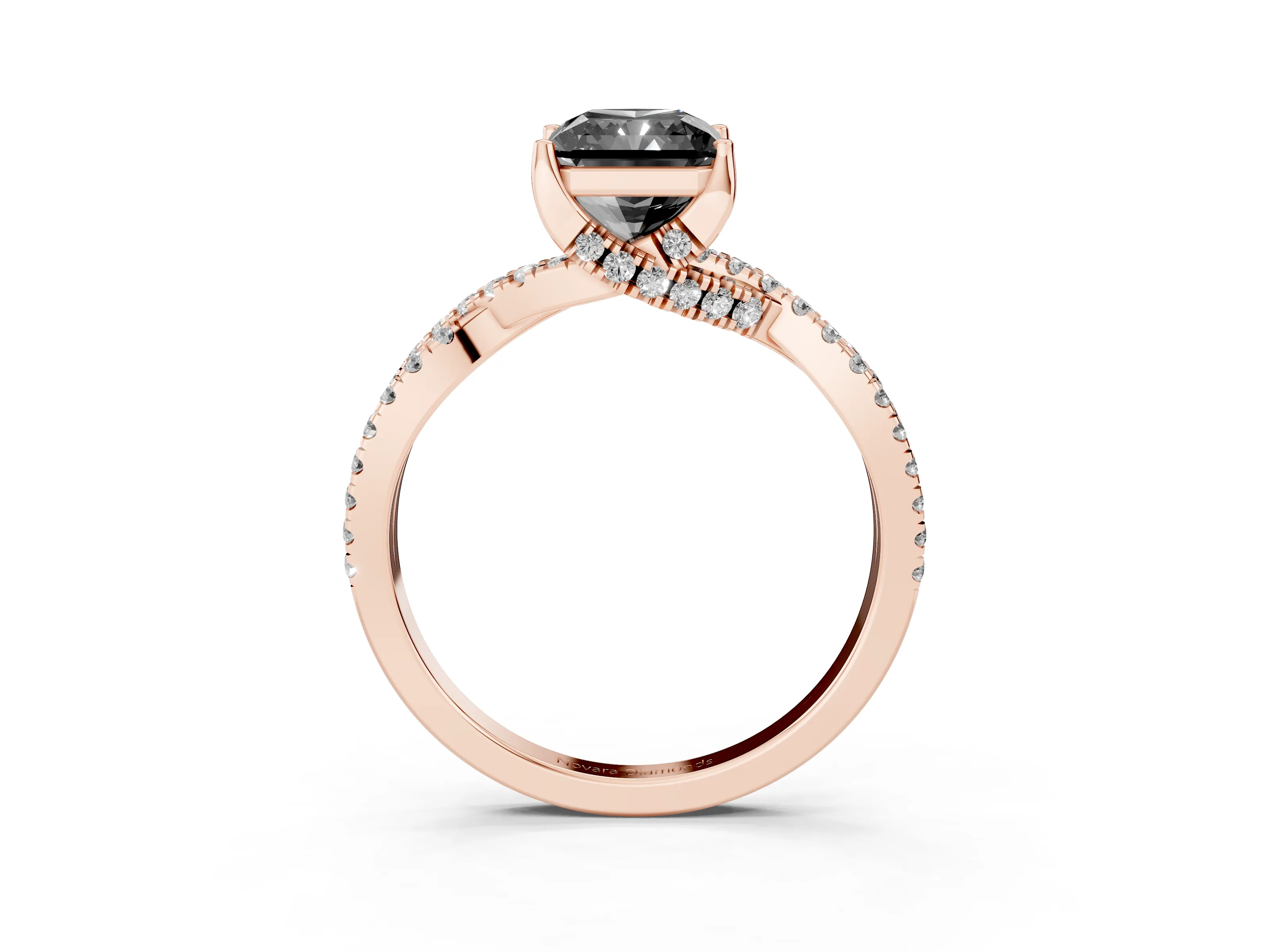 Fancy Black Radiant Cut Diamond Twist Pavé Solitaire Engagement Ring Set in Rose gold with Prong Setting