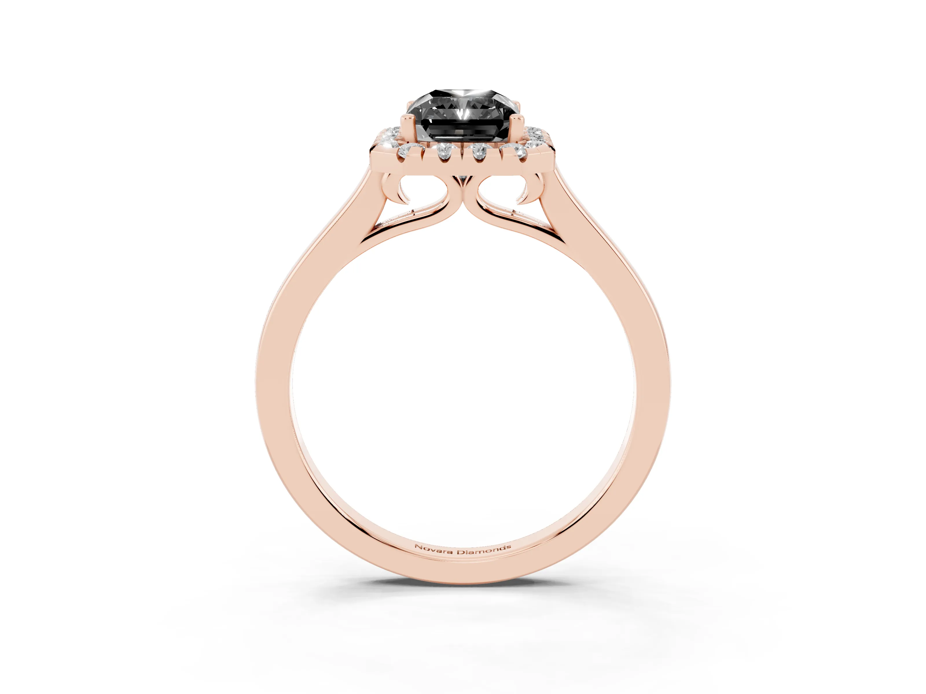 Fancy Black Radiant Cut Halo Round Diamond Solitaire Ring Set in Rose gold with Pavé Band and Prong Setting