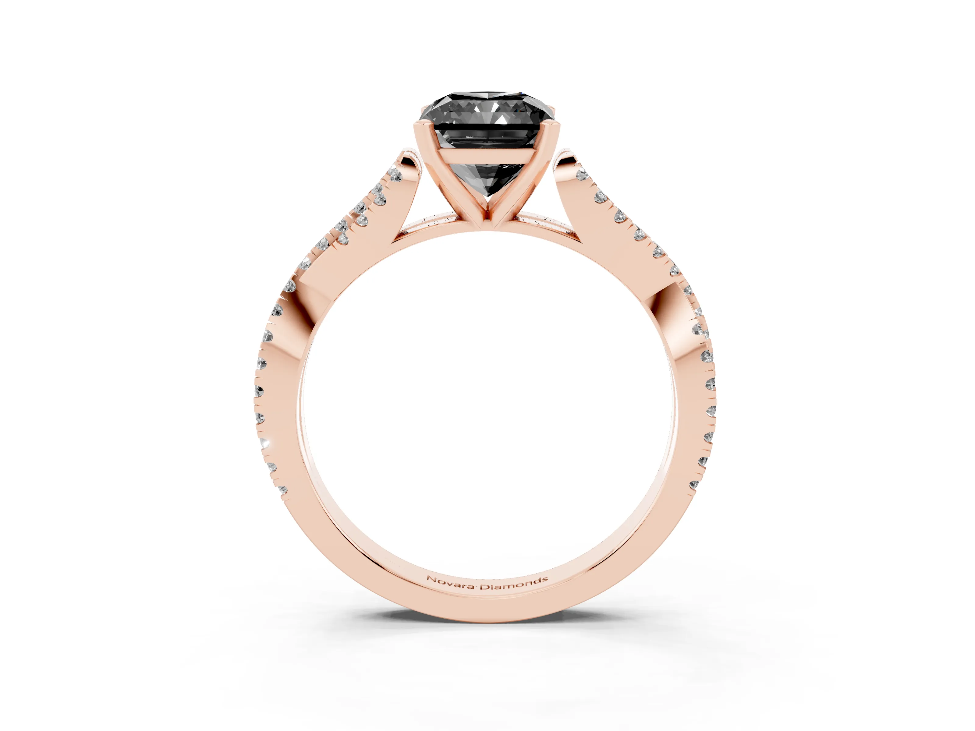 Fancy Black Radiant Cut Diamond Solitaire Engagement Ring Set in Rose gold with Twisted Pavé Band and Prong Setting