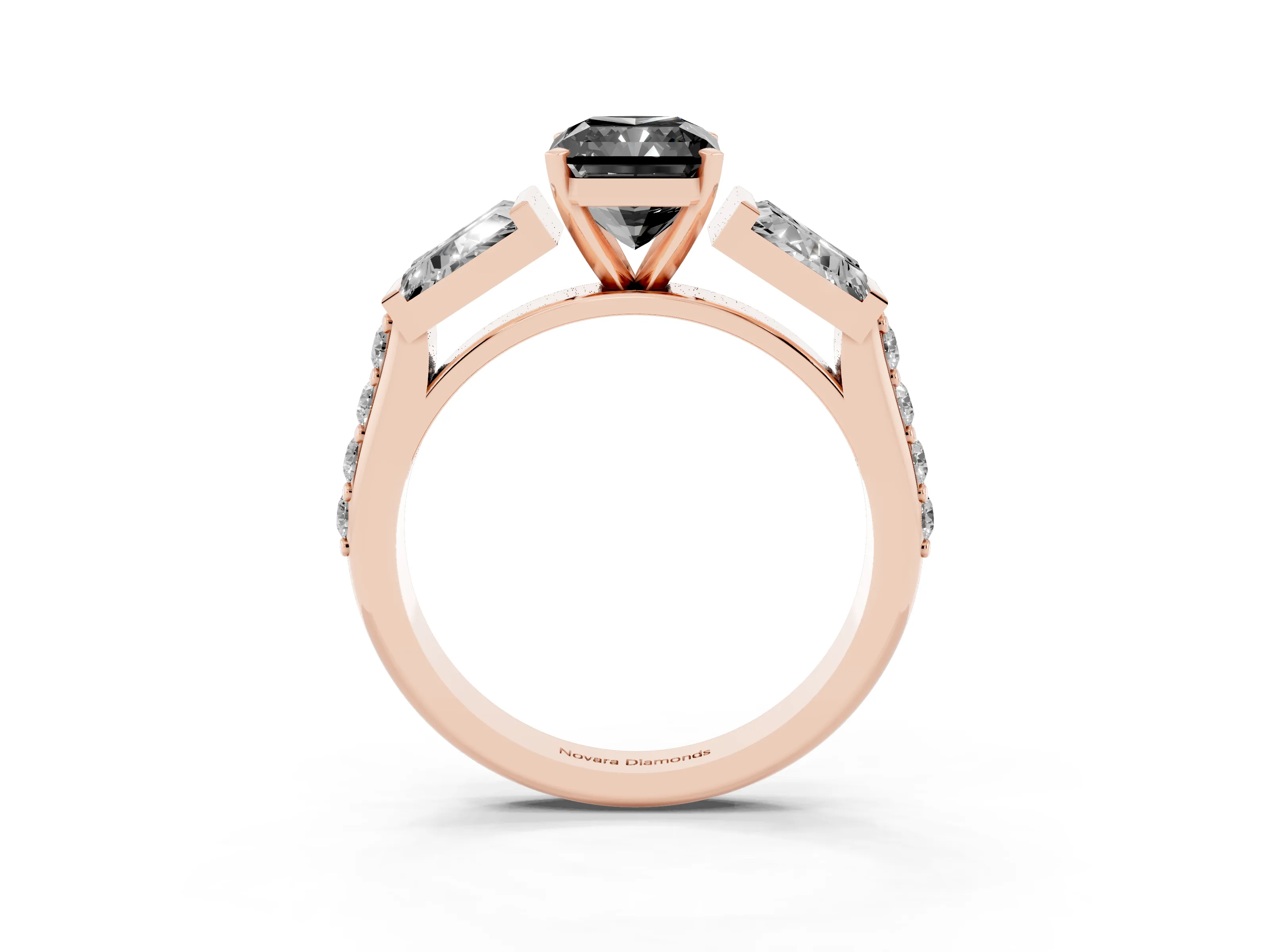 Fancy Black Radiant Cut Diamond Engagement Ring Set in Rose gold with Baguette Side Stones and Channel Set Band