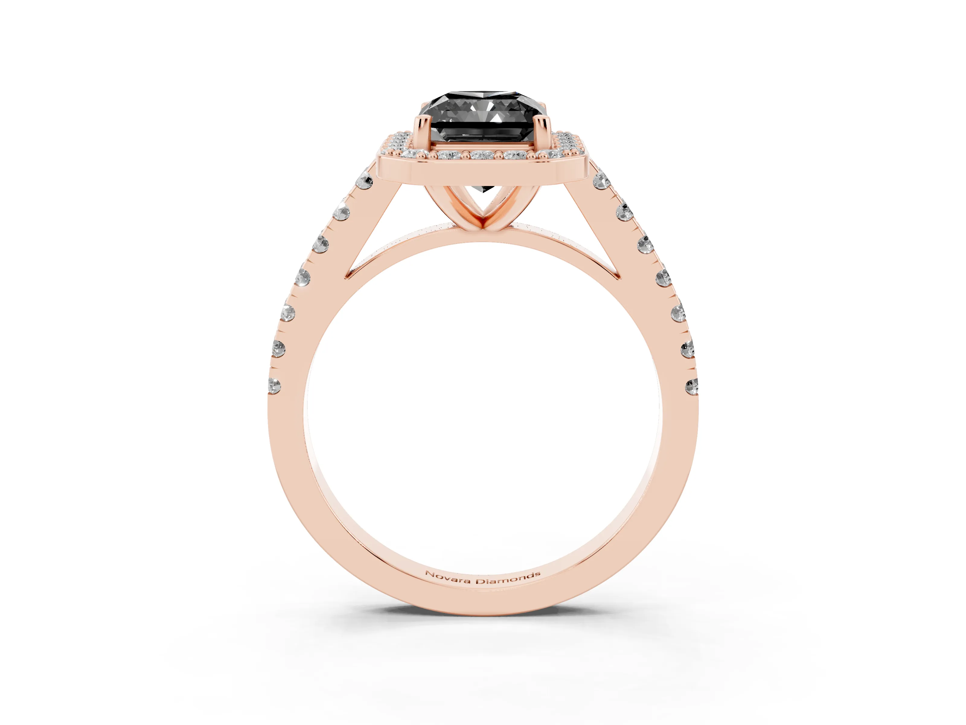 Fancy Black Radiant Cut Diamond Halo Ring Set in Rose gold with Round Pavé Split Shank and Prong Setting